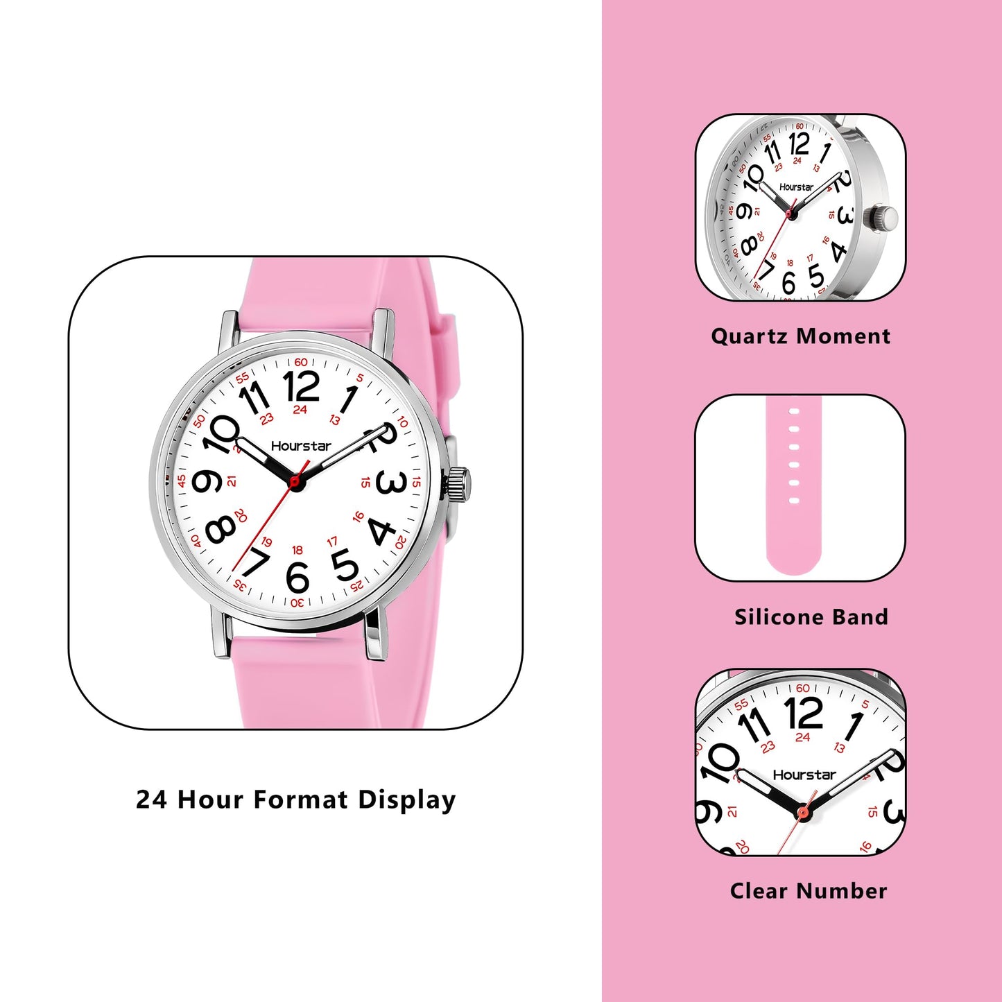 Women's Analog Nurse Watch with Second Hand for Nursing, 12/24 Time, Silicone Band, Easy Read