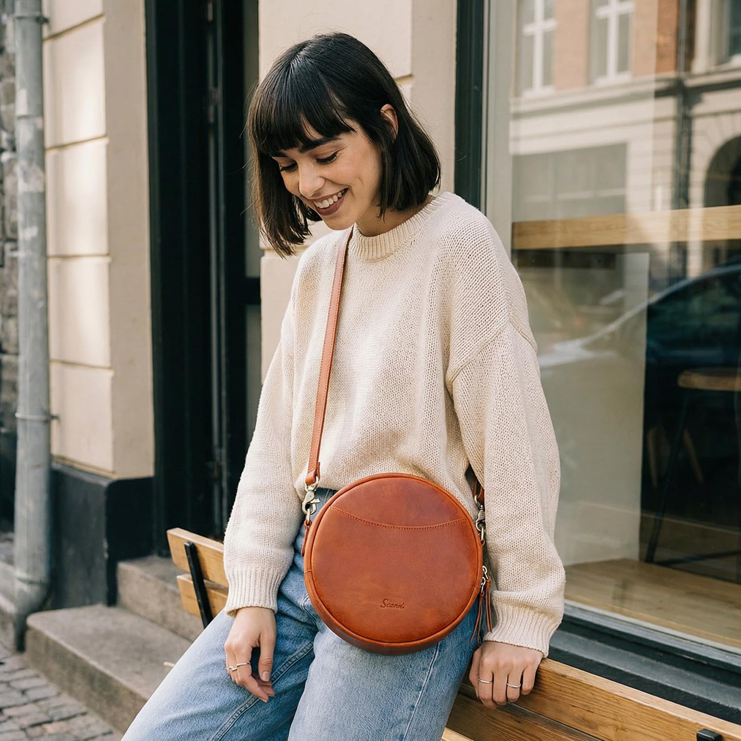 S-ZONE Leather Crossbody Bags for Women Circle Shoulder Round Purse Travel | Top Grain Leather, Keychain, Designer Handbag, Vintage, Multi Pockets, Detachable Strap, Eveyday Outing