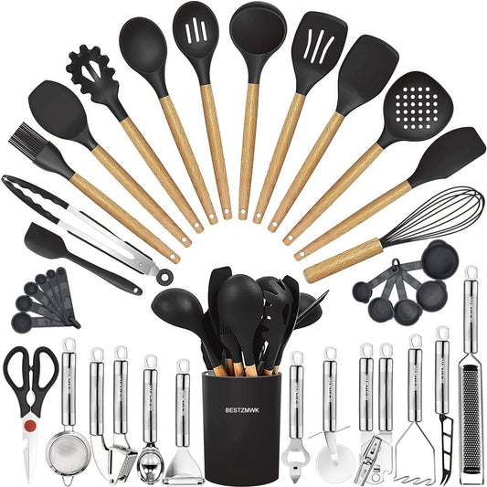 Cooking Utensils Set- 35 PCs Kitchen Utensils with Grater,Tongs, Spoon Spatula &Turner Made of Heat Resistant Food Grade Silicone and Wooden Handles Kitchen Gadgets Tools Set for Cookware