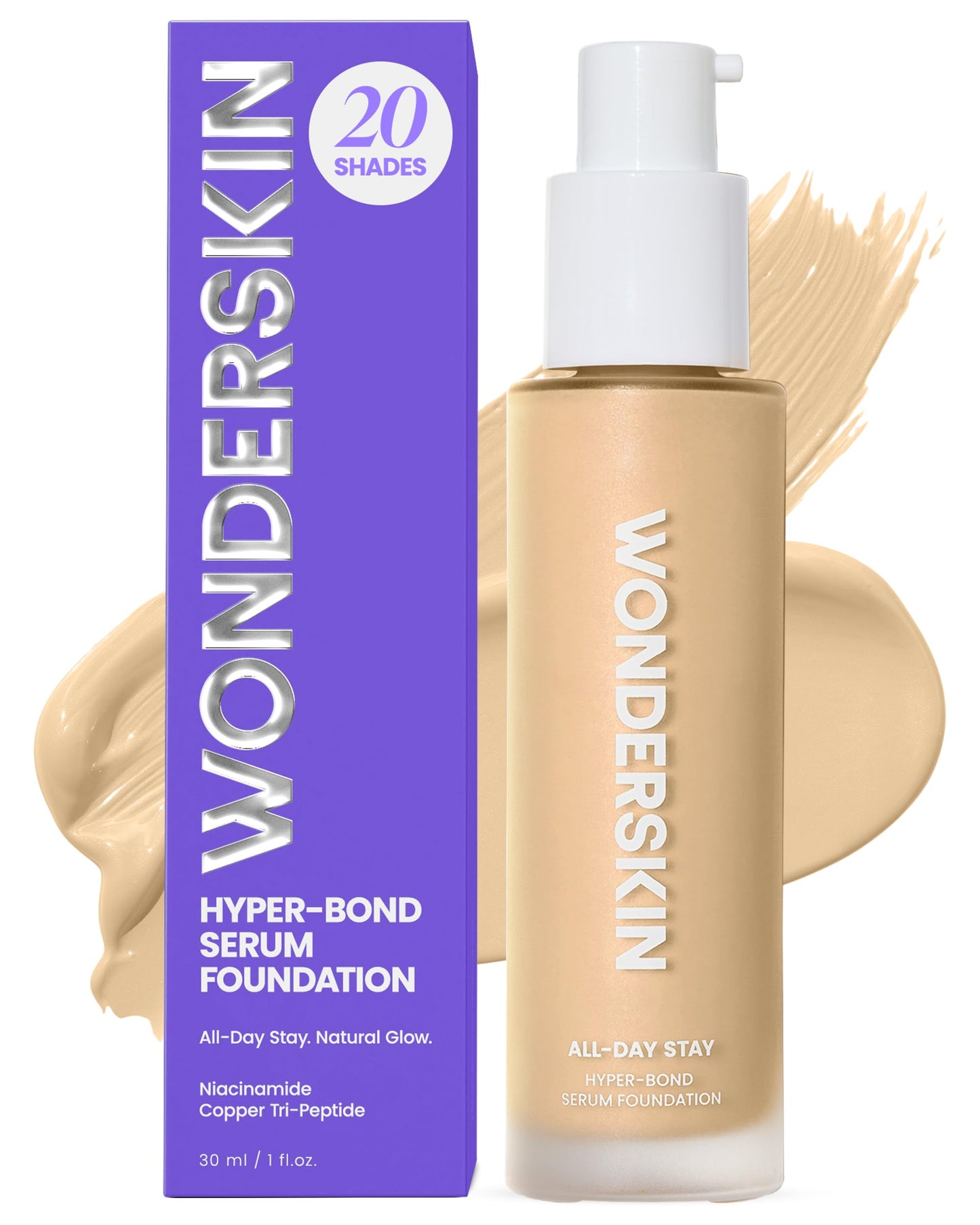 Wonderskin Hyper Bond All-Day Stay Serum Foundation – Waterproof, Transfer-Proof, 24HR Longwear Face Makeup with Niacinamide & Hyaluronic Acid – Lightweight, Natural Finish (Echo)