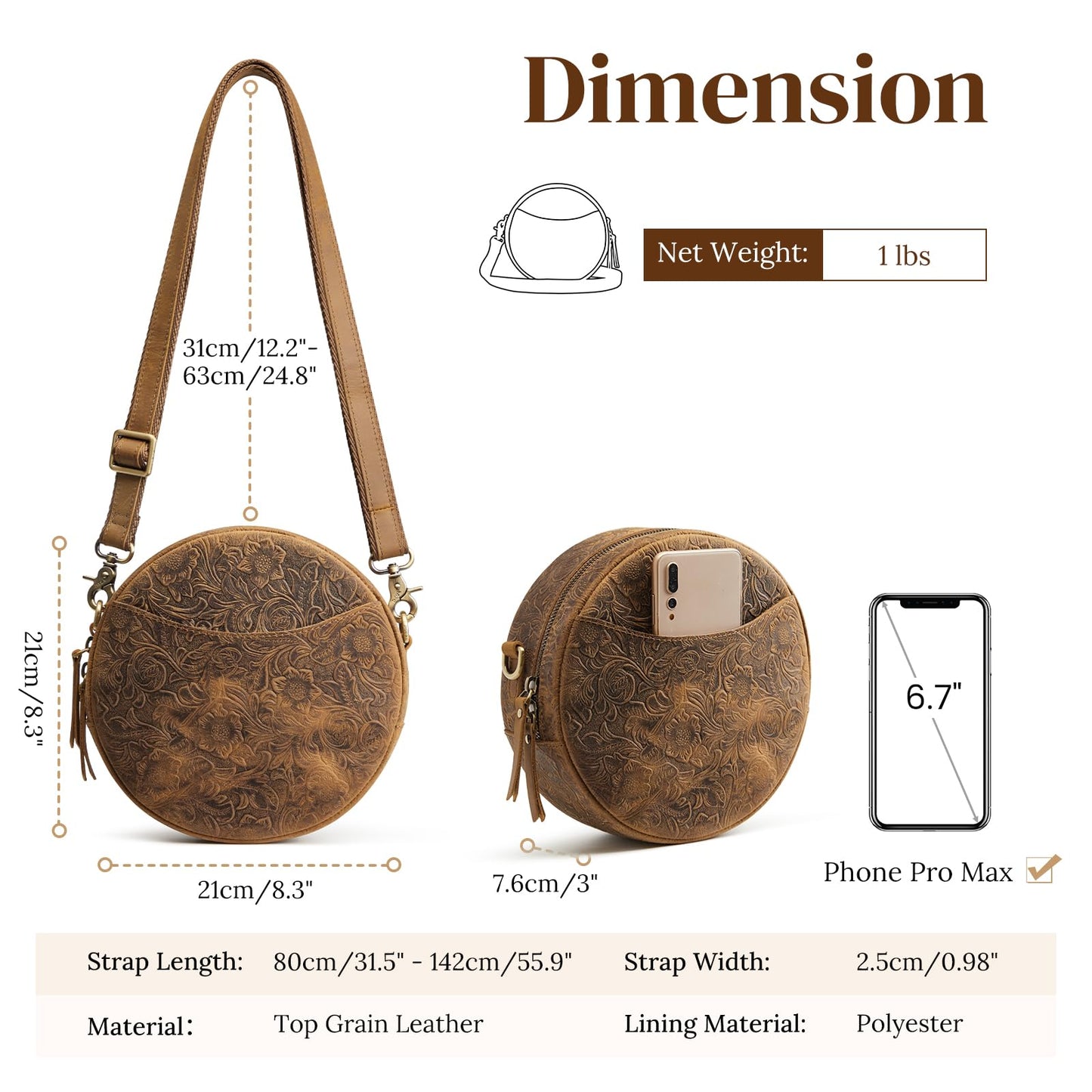 S-ZONE Leather Crossbody Bags for Women Circle Shoulder Round Purse Travel | Top Grain Leather, Keychain, Designer Handbag, Vintage, Multi Pockets, Detachable Strap, Eveyday Outing