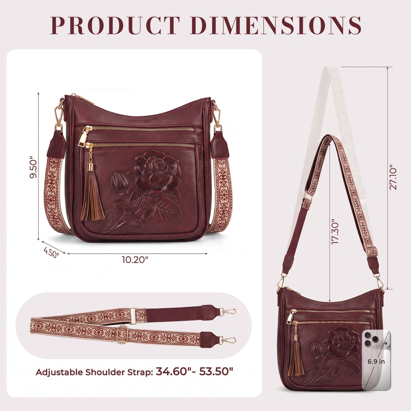 Crossbody Bags for Women, Vegan Leather Crossbody Purse, Multiple Pocket Daily Travel Shoulder Bag with Boho Strap