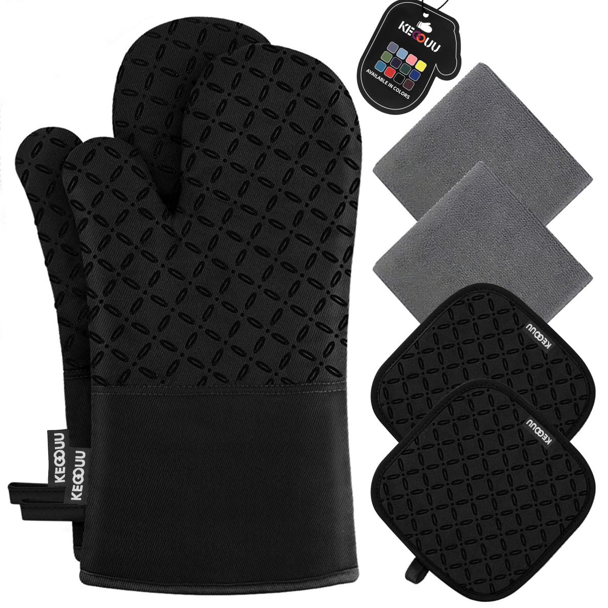 KEGOUU Oven Mitts and Pot Holders 6pcs Set, Kitchen Oven Glove High Heat Resistant 500 Degree Extra Long Oven Mitts and Potholder with Non-Slip Silicone Surface for Cooking (Gray)