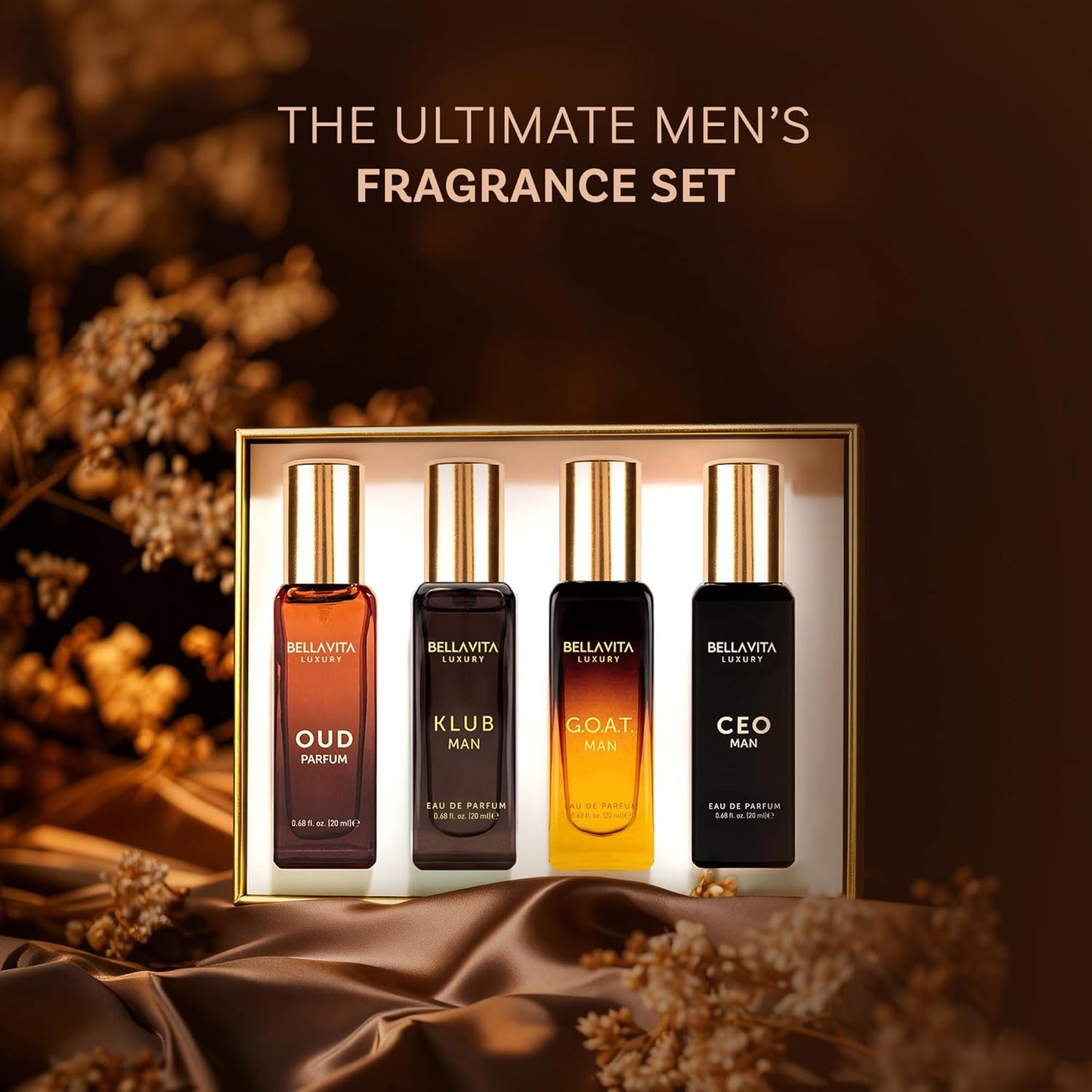 BellaVita Luxury Men's Perfume Gift Set with CEO Man, G.O.A.T., KLUB & OUD | 4 x 20ml (80ml) | Long Lasting Perfume for Men | Citrus, Woody, Patchouli & Caramel Notes | Gift for Father's Day