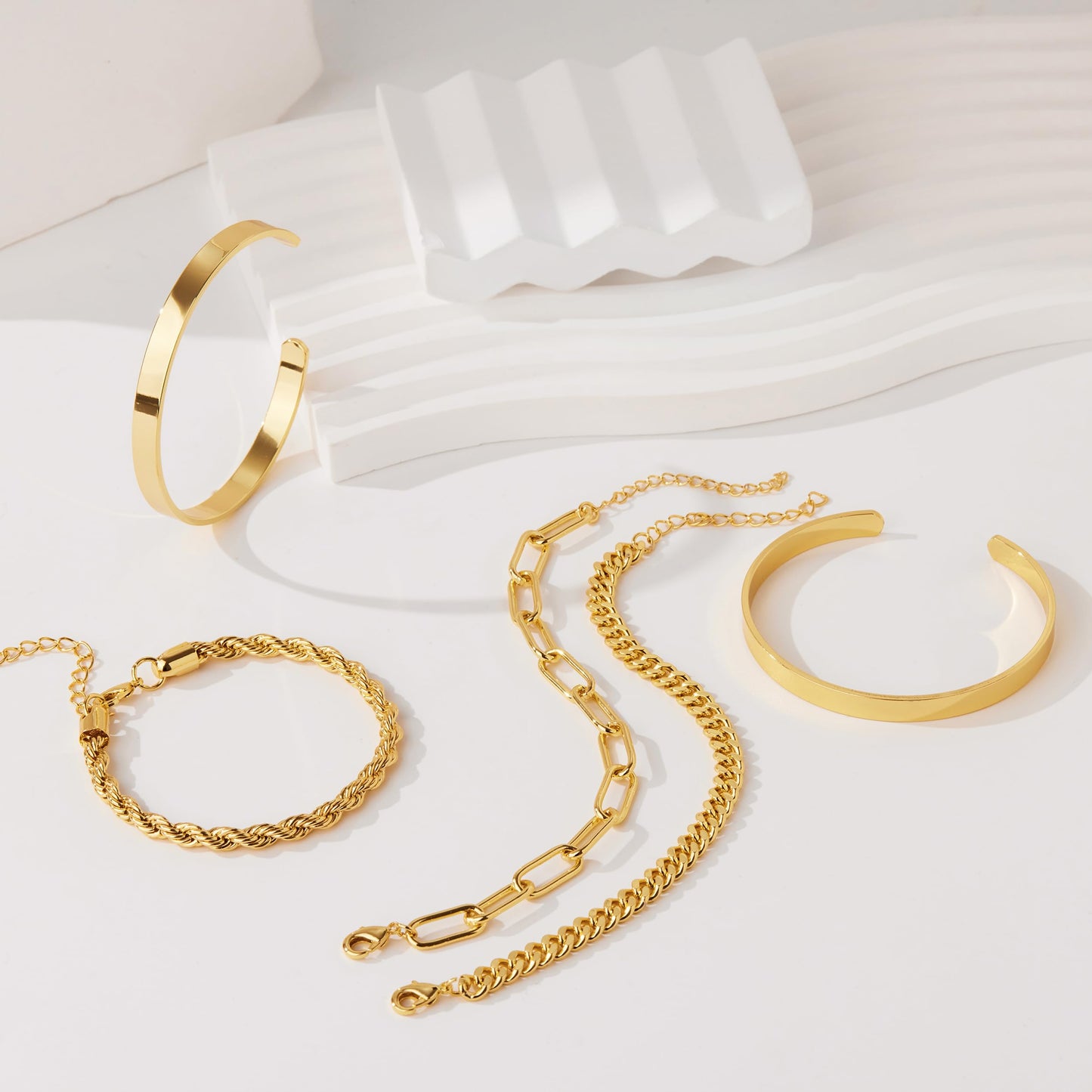 Gokeey Gold Bracelets Set for Women Non Tarnish, Waterproof 14K Gold Plated Sterling Silver Chunky Cuff Bracelet Stackable Gold Bangles Bracelet for Women Trendy Fashion Accessories Tie Knot Cuban Rope Paperclip Beaded Bracelet Stack Jewelry Mothers Day G