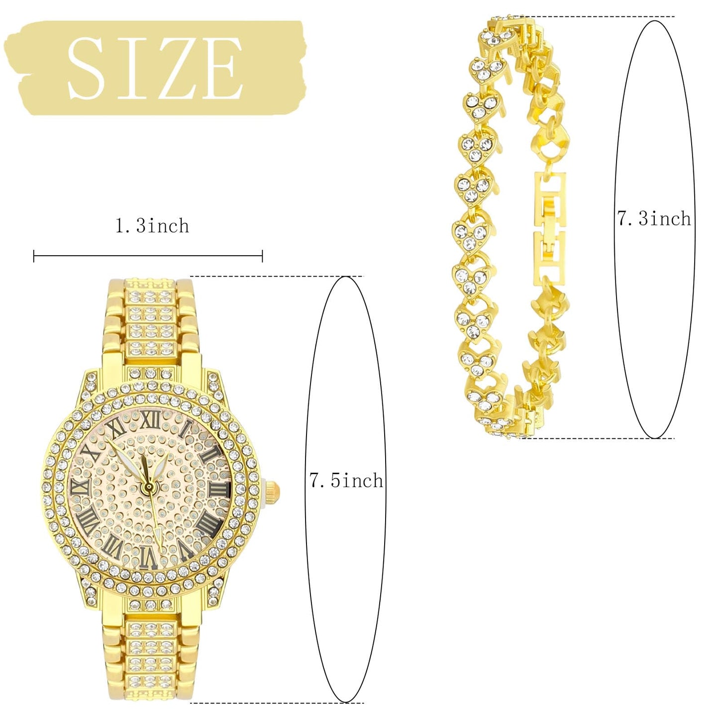 NEWITIN 2 Pieces Women Diamond Watch Bracelet Set Luxury Fashion Jewelry Cubic Zirconia Wristwatch Bracelet Gold Watch Jewelry Set for Women
