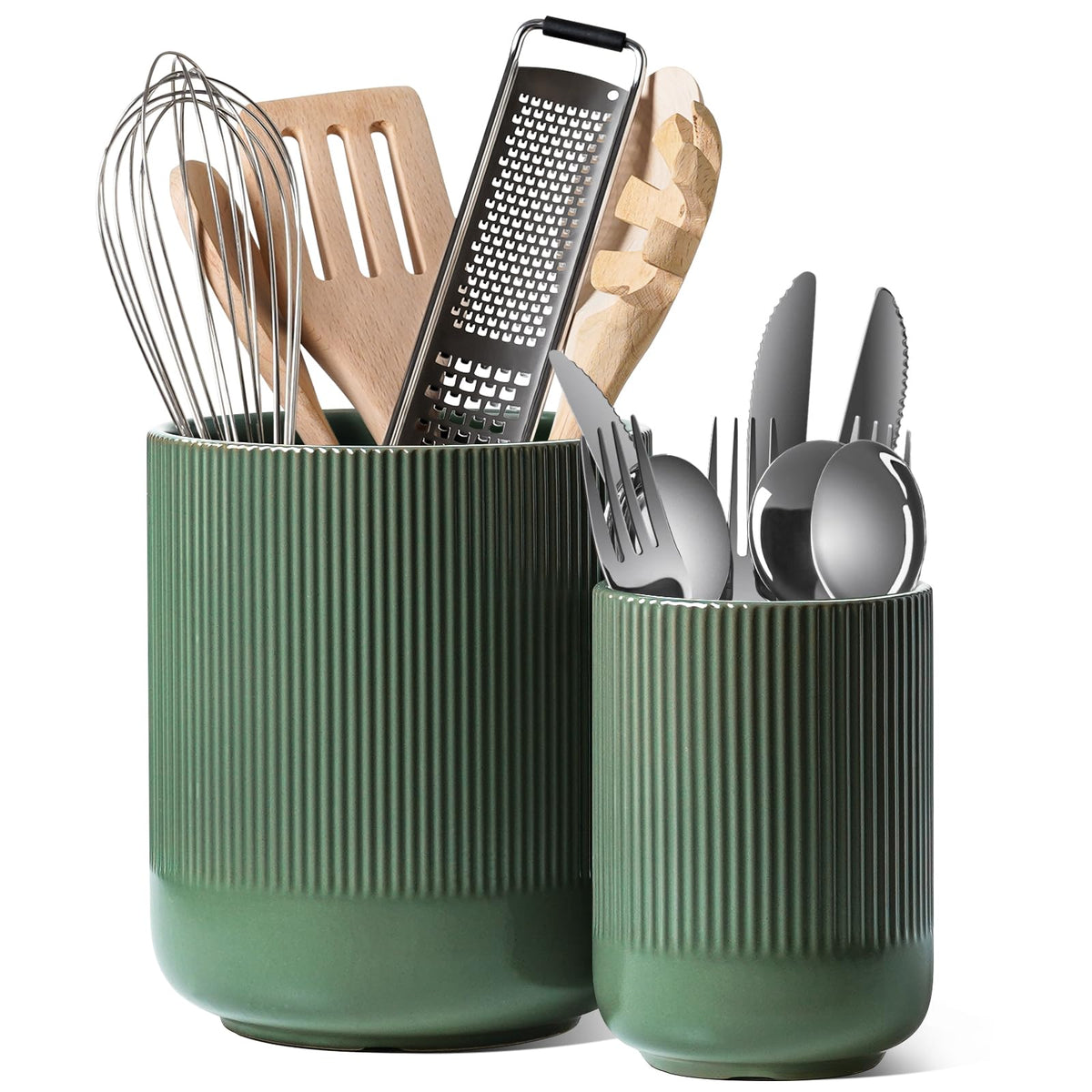 LE TAUCI Utensil Holder, 7.3"+5.4" Ceramic Cooking Tool Crocks for Countertop, Large Utensil Organizer for Kitchen Counter, Morden Kitchen Decor for Spatula and Flatware, Set of 2