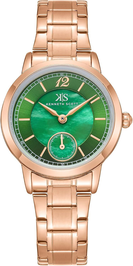 Kenneth Scott Women's Analog Watch 29mm Green Dial Rose Gold Stainless Steel