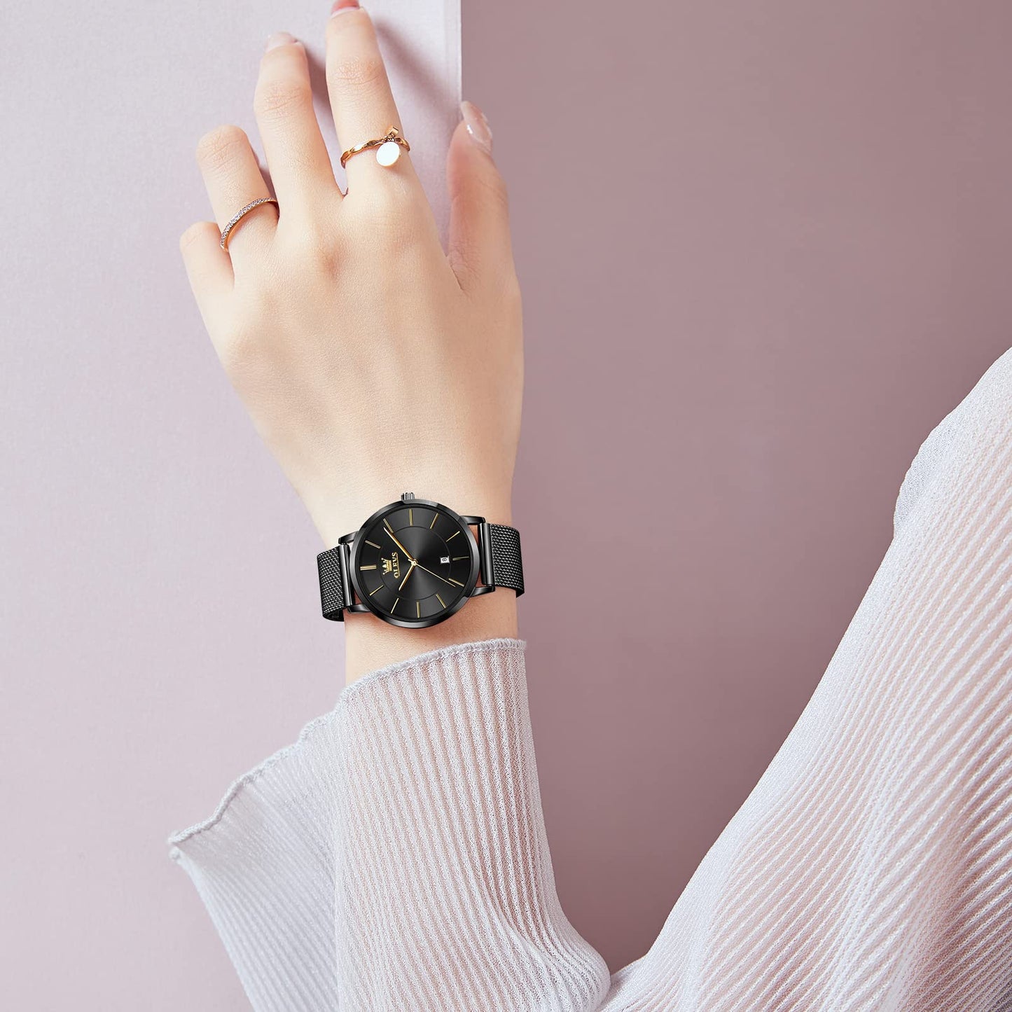 OLEVS Women's Mesh Bracelet Watch, Elegant Large Face Three Hand Analog Quartz Womens Wristwatch, Pretty Slim Date Display Waterproof Ladies Watches for Small Wrists