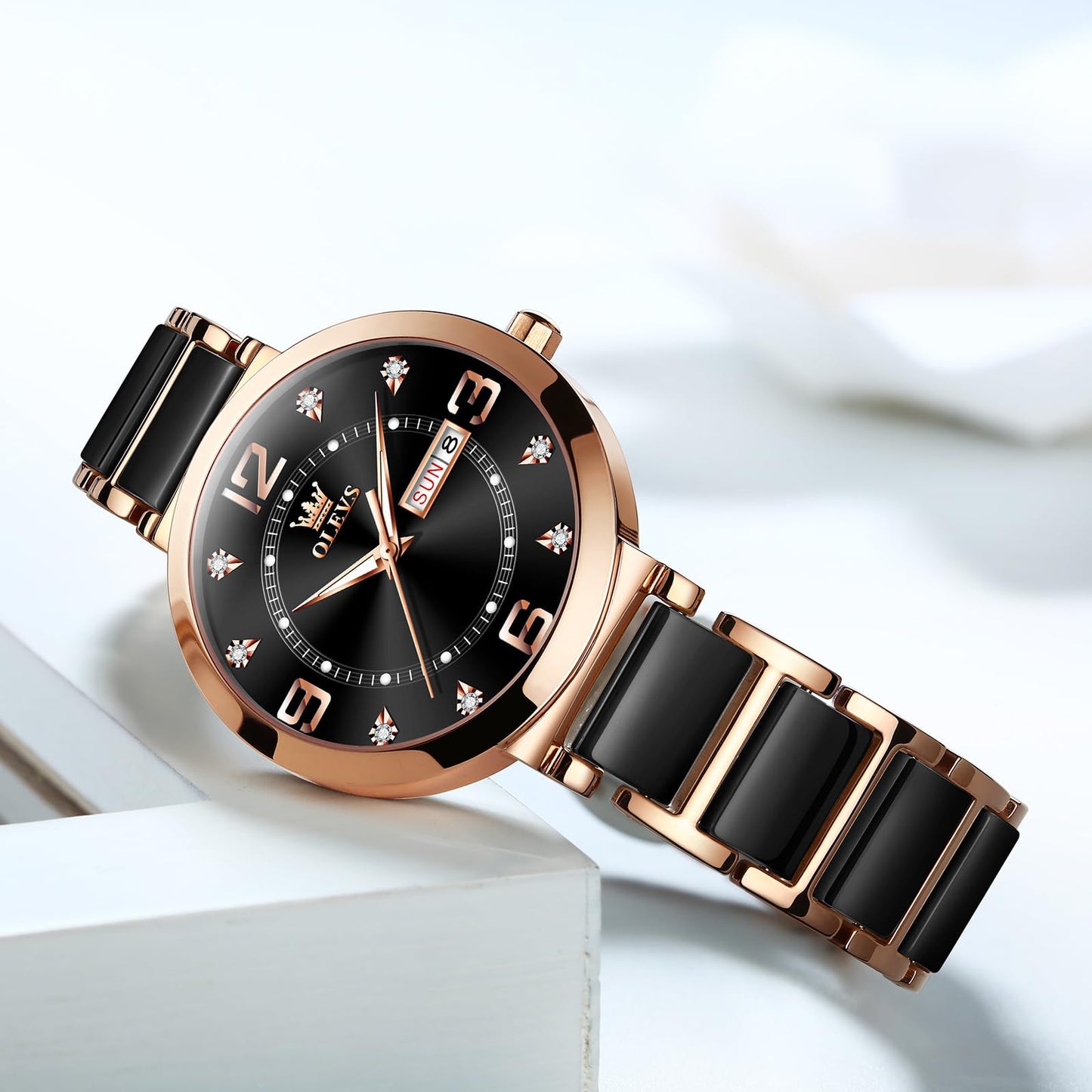 OLEVS Women's Watch Ceramic Band Waterproof Dress Watch Analog Quartz Watches Elegant Luxury Comfortable Wrist Watches with Date Day & Diamond White/Pink/Black Dial Gift for Her Reloj para Mujer
