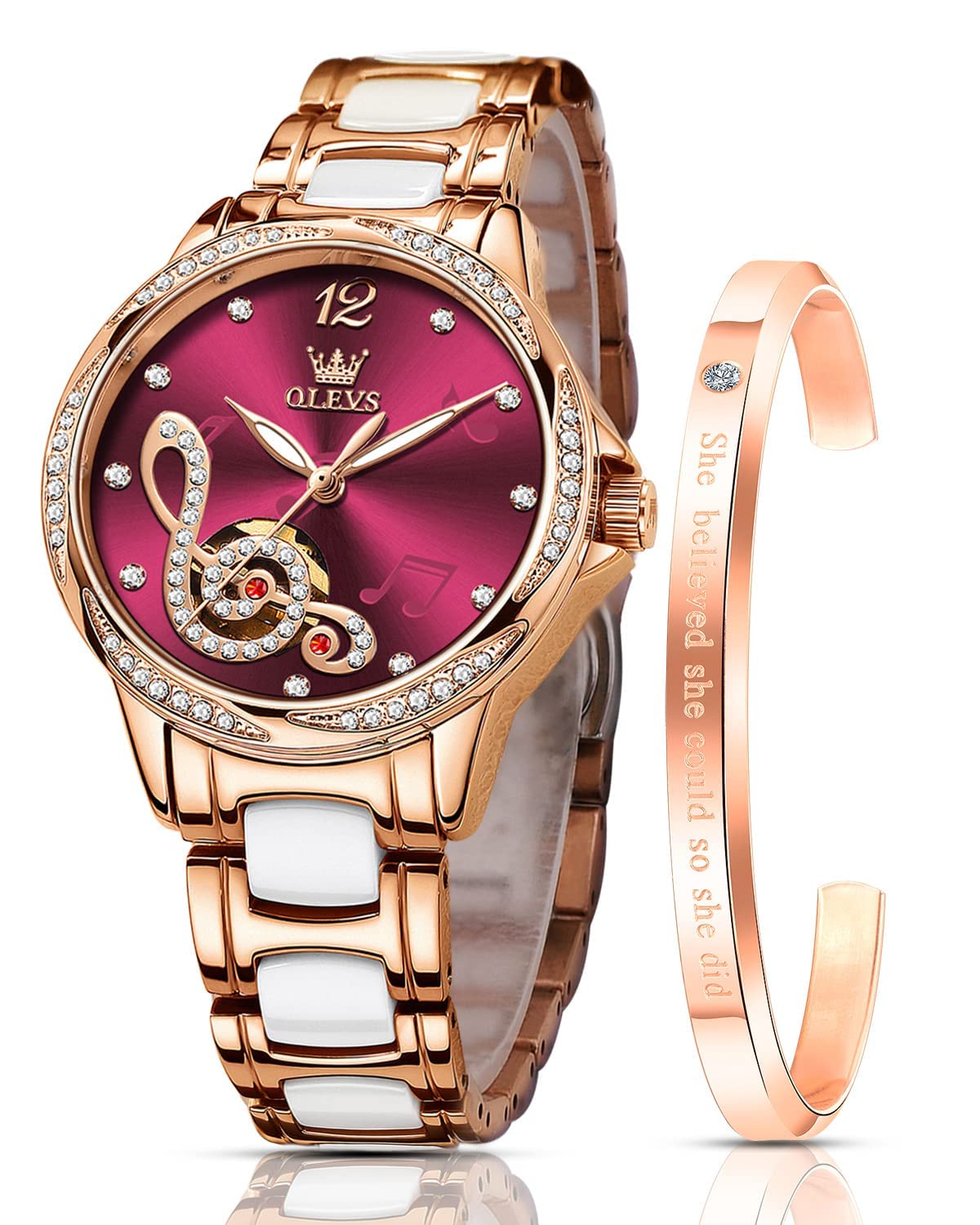OLEVS Watches for Women Automatic Mechanical Self Winding Rose Gold Ladies Watch Diamond Dress Ceramic Bracelet Waterproof Female Wrist Watch