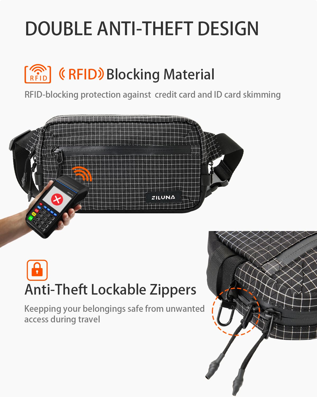 2L Sling Bag for Men & Women - Anti-Theft RFID Blocking Fanny Pack with Lockable Zippers, Water Resistant Lightweight Crossbody Bag for Travel Hiking Running Gym Walking Daily Use(Black)