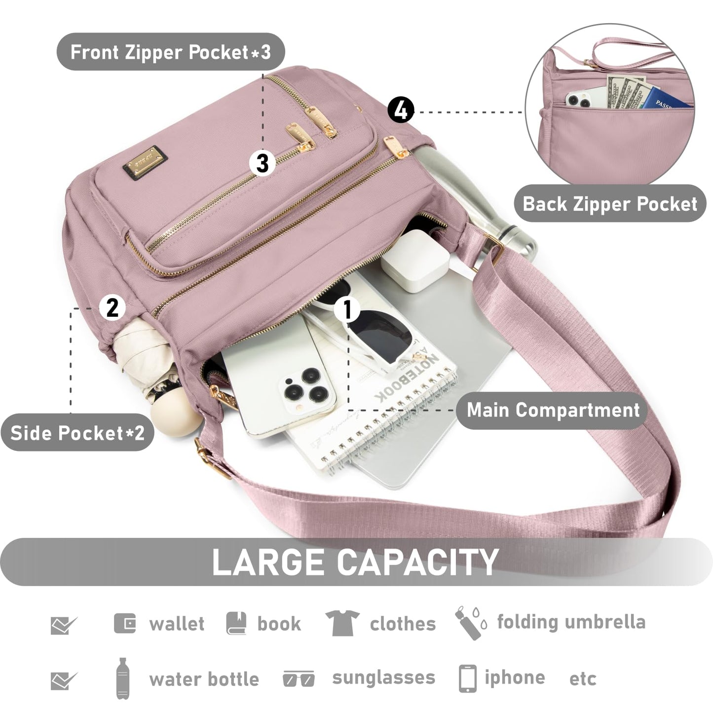NPBAG Crossbody Bag for Women, Shoulder Purse Handbag Messenger Bag, Trendy Pocketbooks, Waterproof and Multi-Pockets