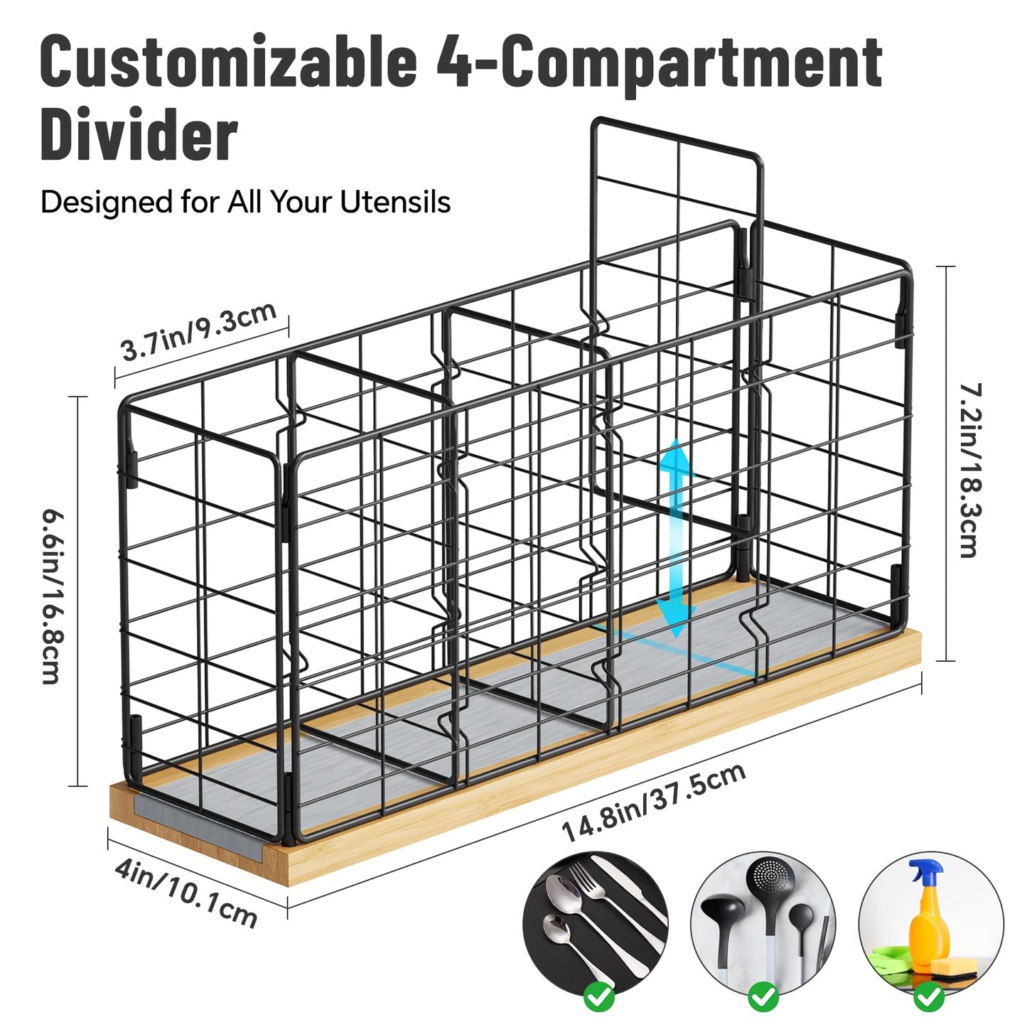Metal Kitchen Utensil Holder with 4 Adjustable Compartments & Fast-Drying Base