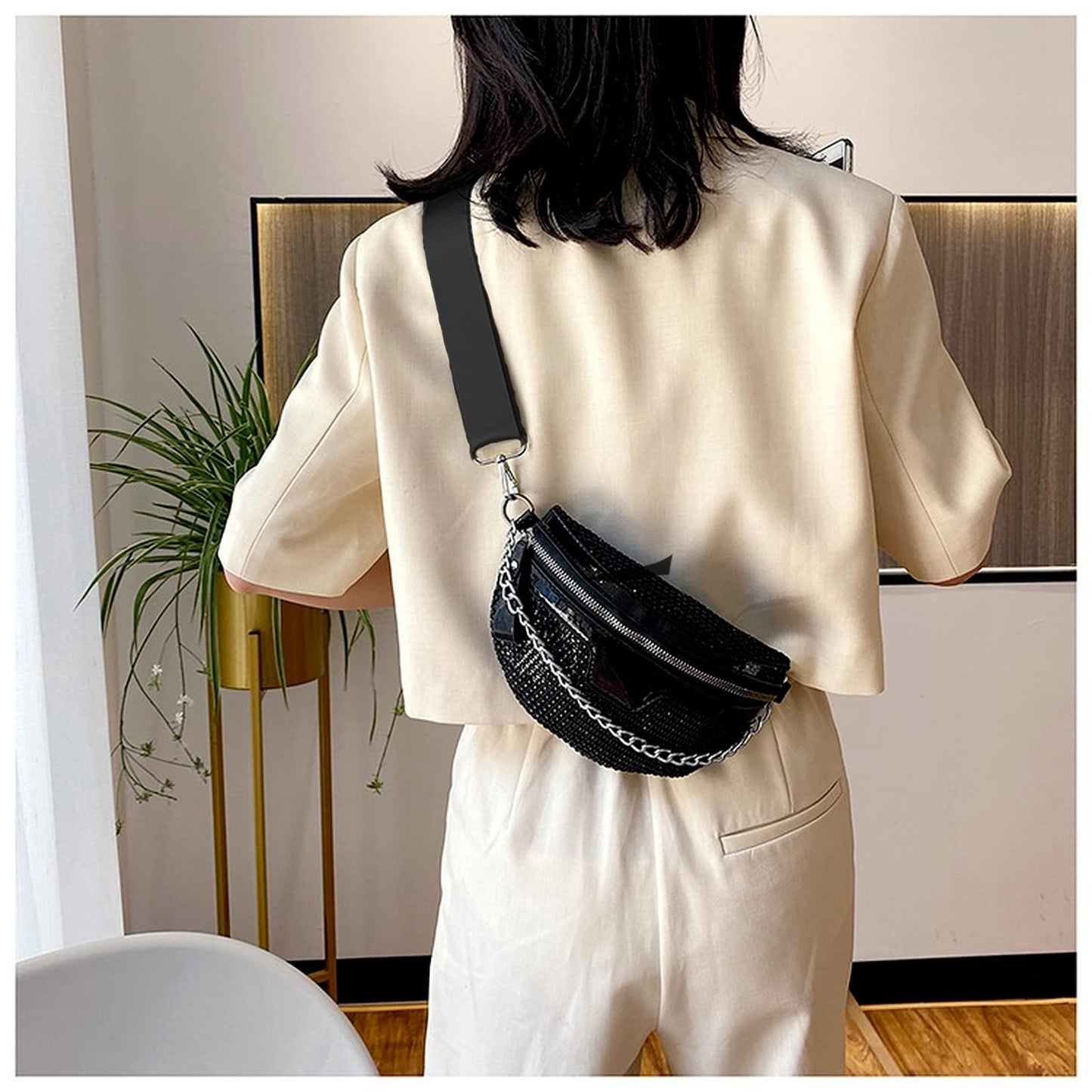 Thick Chain Women's Fanny Pack Plaid leather Waist Bag Shoulder Crossbody Chest Bags Luxury Designer Handbags Female Belt Bag
