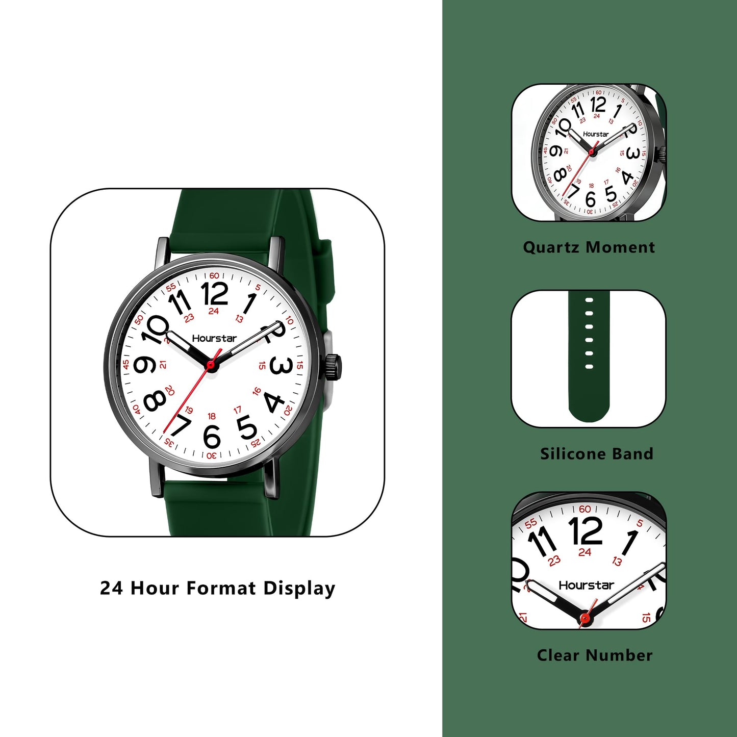 Women's Analog Nurse Watch with Second Hand for Nursing, 12/24 Time, Silicone Band, Easy Read
