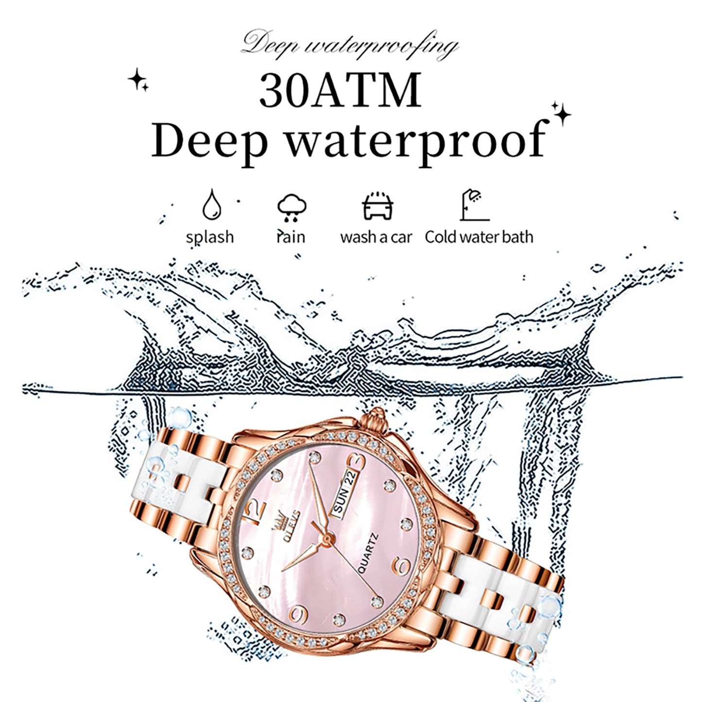 OLEVS Women's Watch Ceramic Band Waterproof Dress Watch Analog Quartz Watches Elegant Luxury Comfortable Wrist Watches with Date Day & Diamond White/Pink/Black Dial Gift for Her Reloj para Mujer