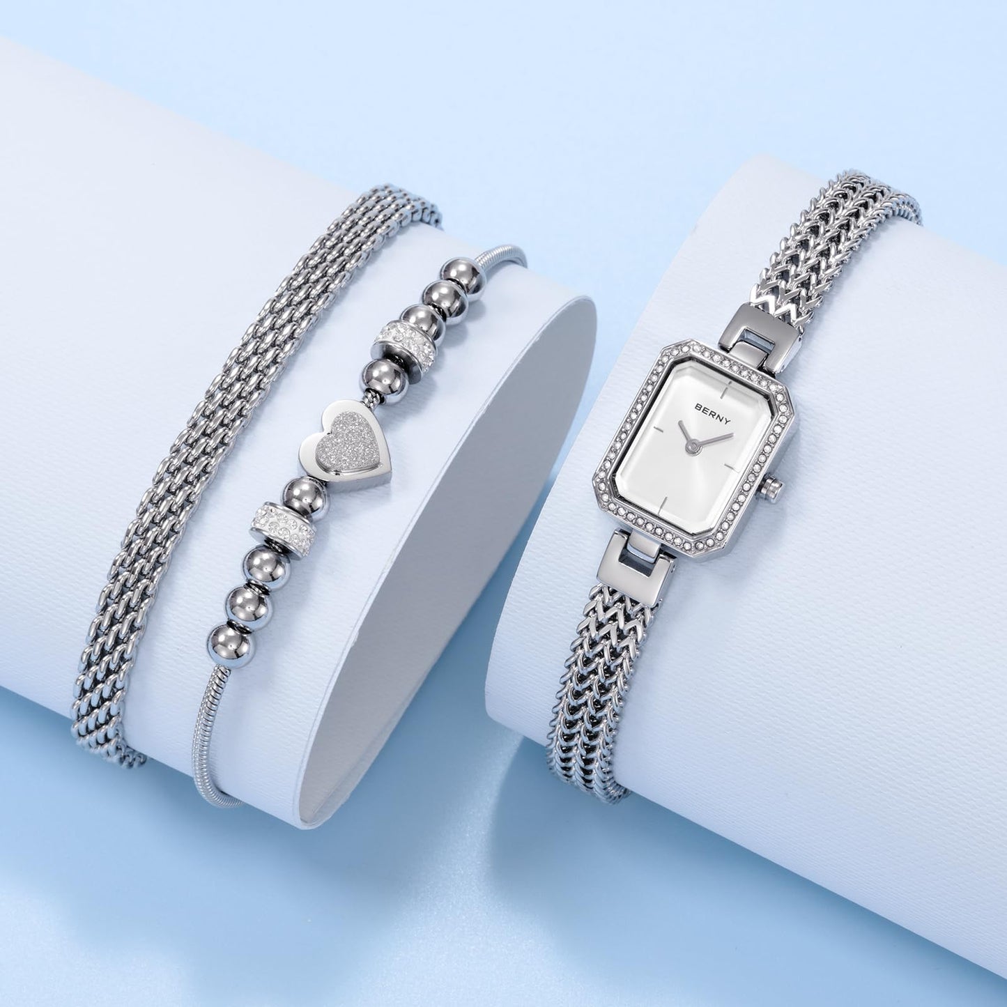 BERNY Silver Watches for Women Ladies Wrist Watch and Bracelet Set Dainty Quartz Bracelet Watch Premium Crystal Accented Fashion Luxury Birthday Present for Women