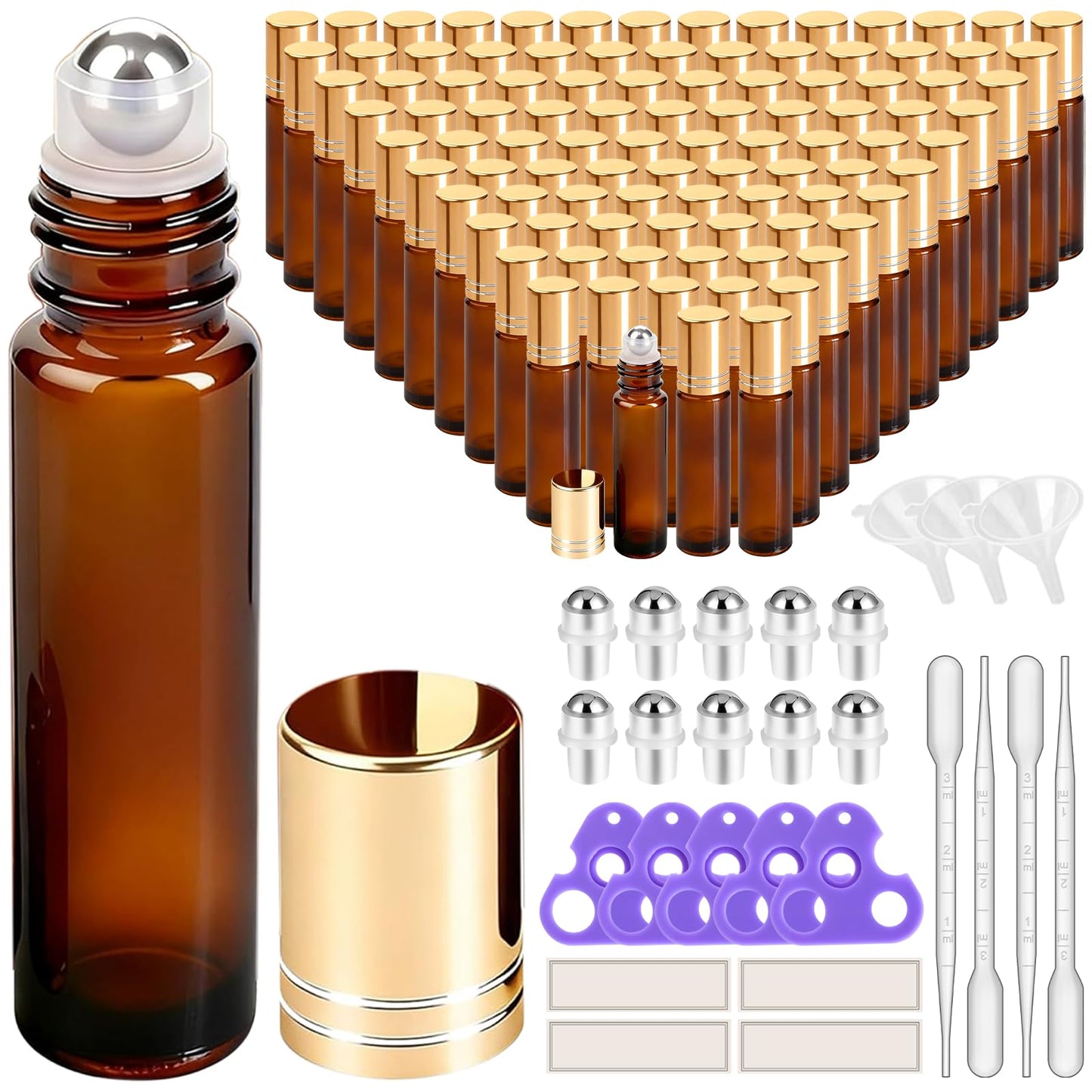 PrettyCare 4 Pack Amber Glass Oil Roller Bottles for Essential Oils 10ml, Roll On Bottles with Stainless Steel Roller Ball Leak-Proof Perfume Travel Refillable Bottle Empty, Beauty & Personal Care