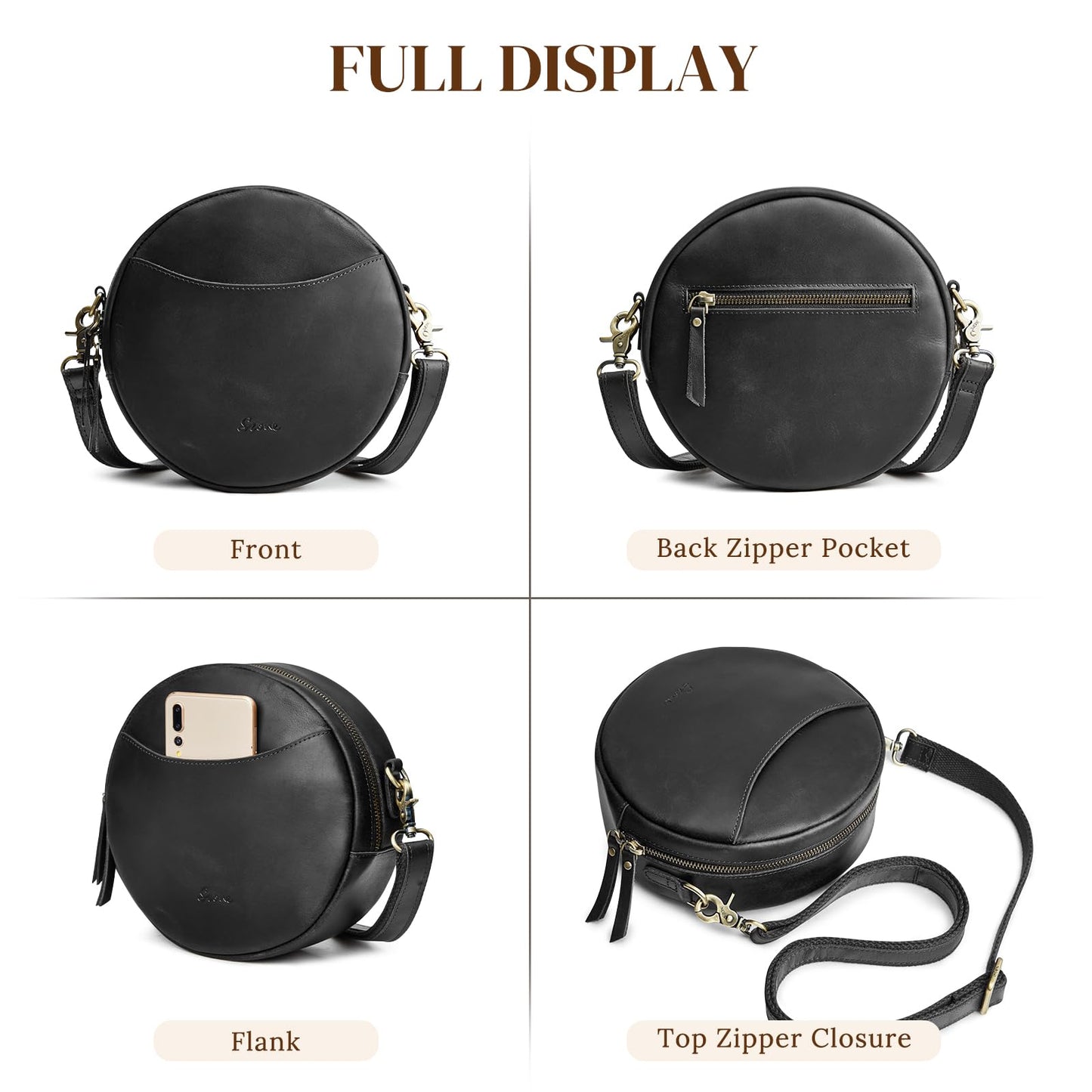 S-ZONE Leather Crossbody Bags for Women Circle Shoulder Round Purse Travel | Top Grain Leather, Keychain, Designer Handbag, Vintage, Multi Pockets, Detachable Strap, Eveyday Outing