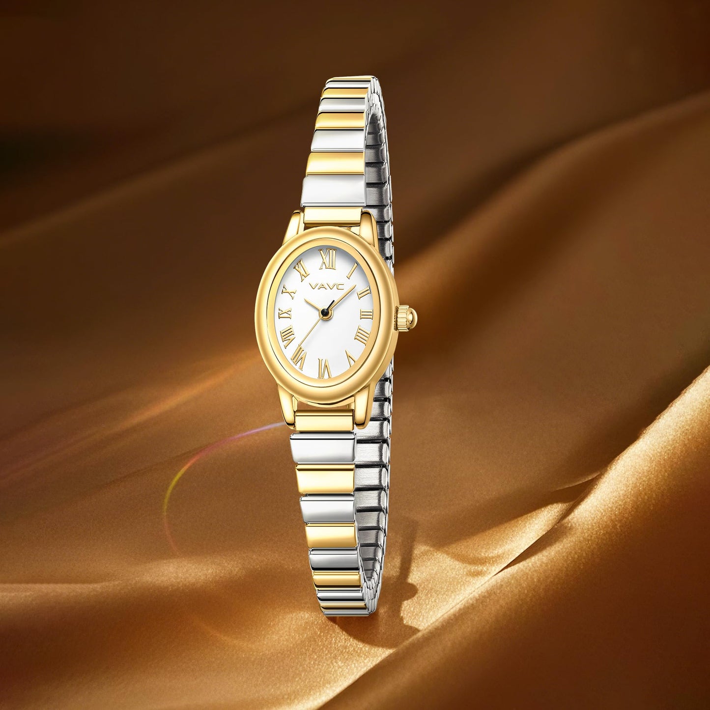 Small Gold Watches for Women,Analog Womens Watch with Stainless Steel Expansion Band,Oval Case Roman Dial,Water Resistant