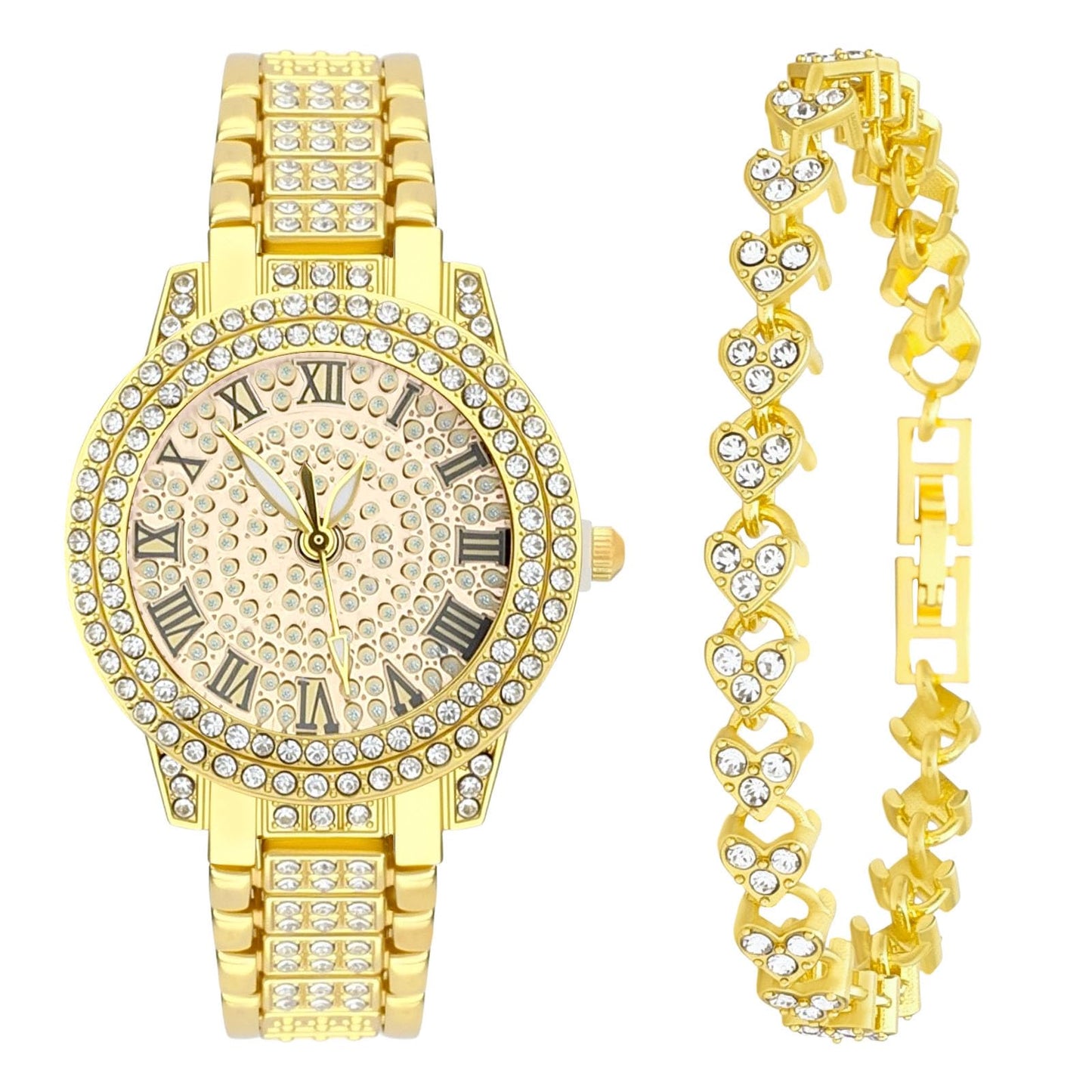 NEWITIN 2 Pieces Women Diamond Watch Bracelet Set Luxury Fashion Jewelry Cubic Zirconia Wristwatch Bracelet Gold Watch Jewelry Set for Women