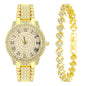 NEWITIN 2 Pieces Women Diamond Watch Bracelet Set Luxury Fashion Jewelry Cubic Zirconia Wristwatch Bracelet Gold Watch Jewelry Set for Women