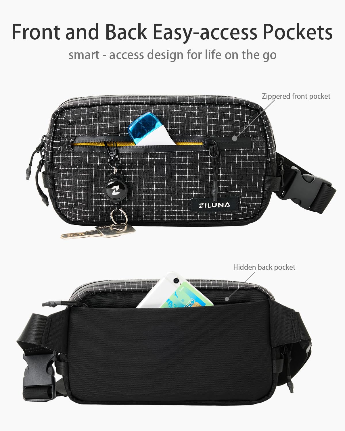2L Sling Bag for Men & Women - Anti-Theft RFID Blocking Fanny Pack with Lockable Zippers, Water Resistant Lightweight Crossbody Bag for Travel Hiking Running Gym Walking Daily Use(Black)
