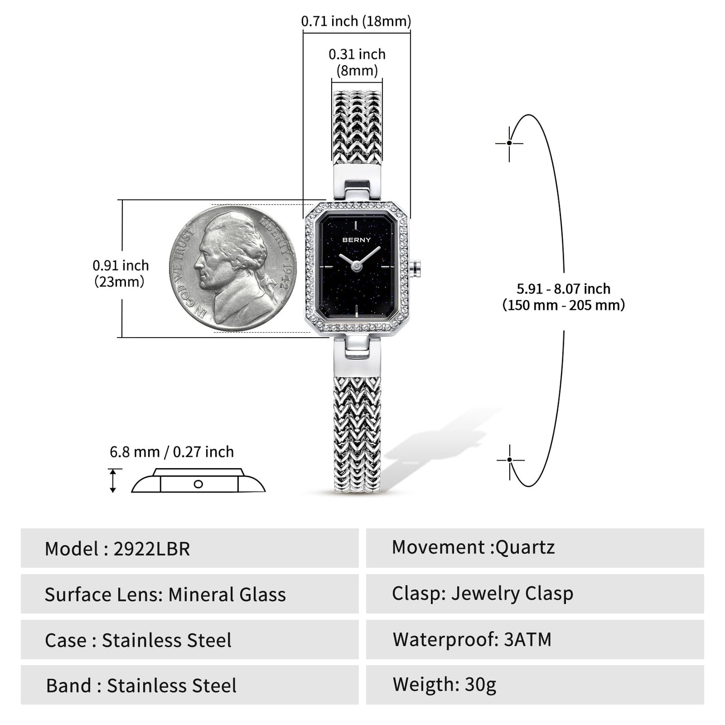 BERNY Silver Watches for Women Ladies Wrist Watch and Bracelet Set Dainty Quartz Bracelet Watch Premium Crystal Accented Fashion Luxury Birthday Present for Women