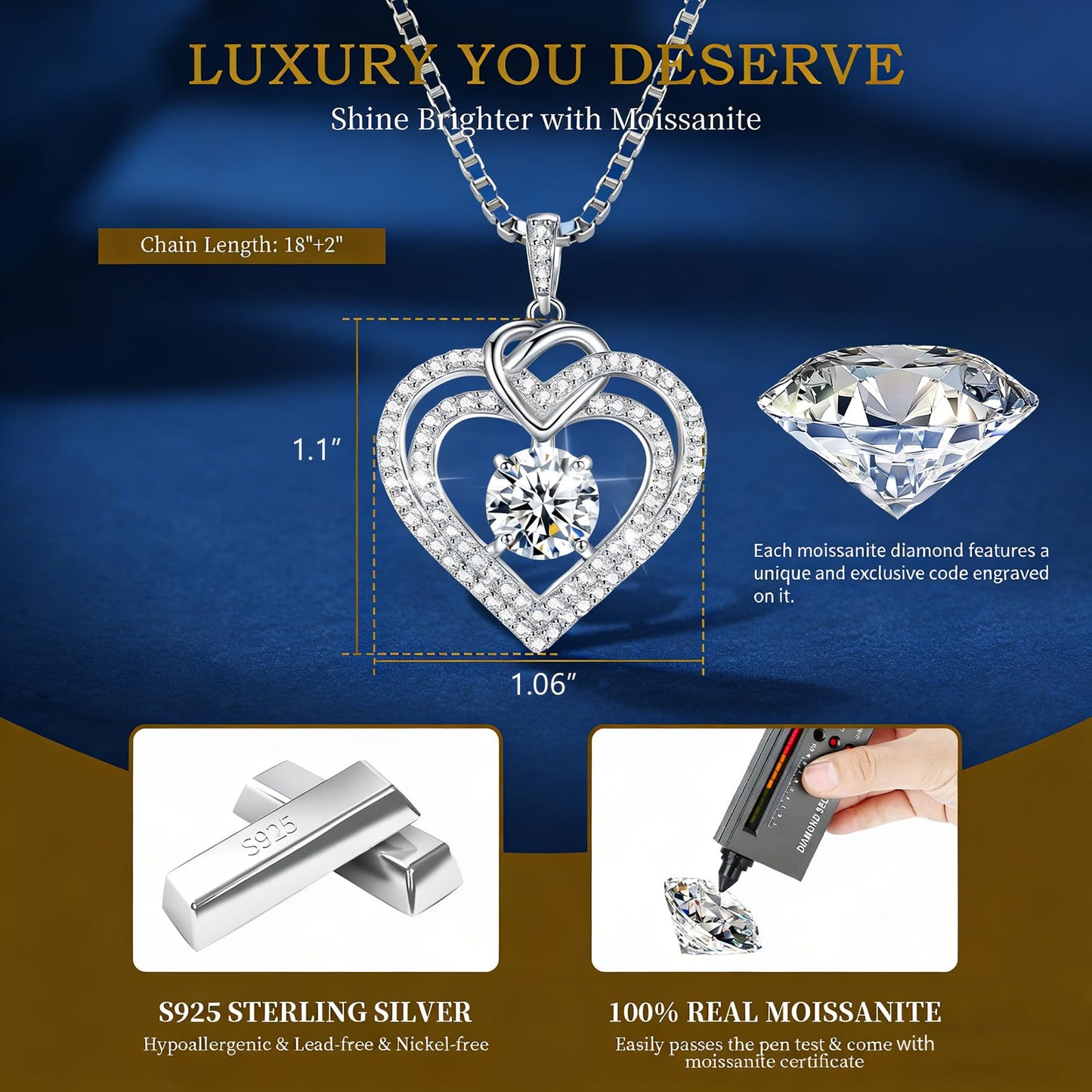 Gorgeous Moissanite Necklaces for Women - Sterling Silver 1-3CT D Color Moissanite Pendant Necklace, Mother Day Birthday Gifts for Mom Wife Girlfriend Daughter, Wedding Anniversary Christmas Jewelry Gift