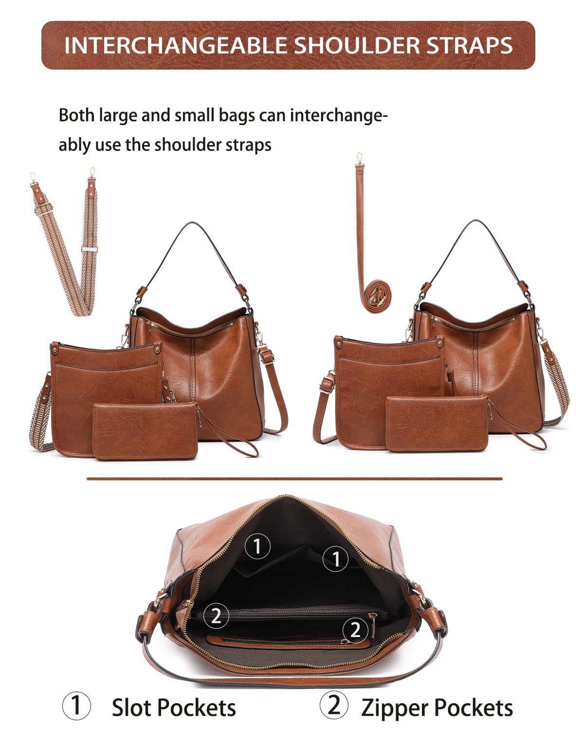 Purses for Women 3PCS, Crossbody Bags Set Large Leather Purse Shoulder Handbags with Wallet Adjustable Straps for Ladies Tote