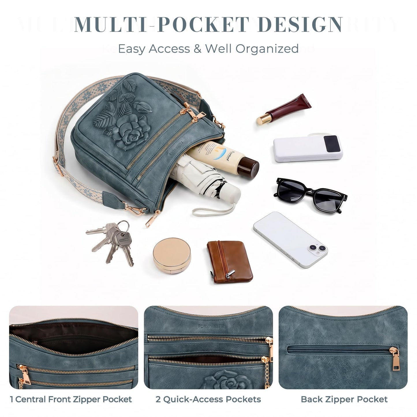 Crossbody Bags for Women, Vegan Leather Crossbody Purse, Multiple Pocket Daily Travel Shoulder Bag with Boho Strap
