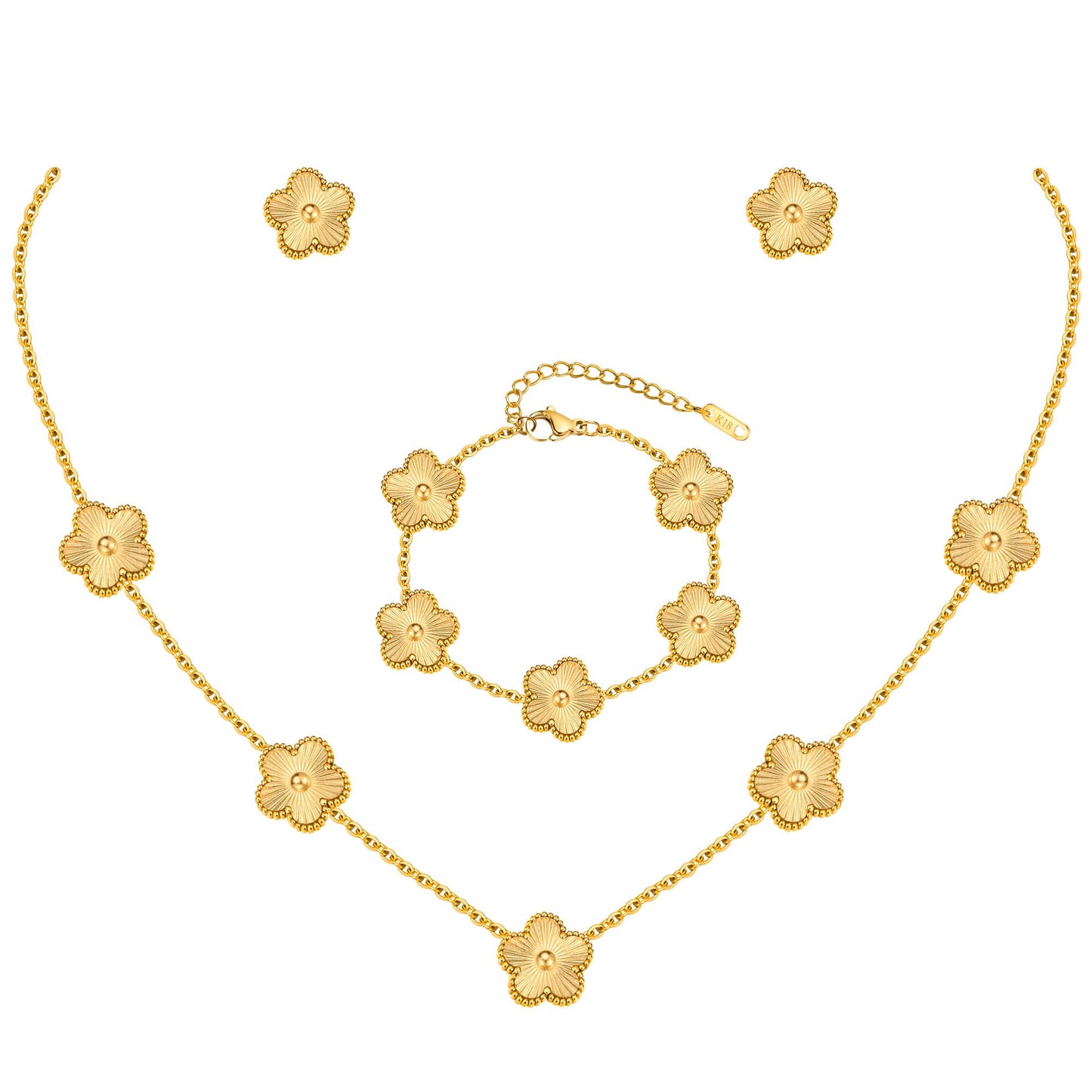 Gold Necklaces Bracelets Earring Set - 18K Gold Plated Flower Bracelet Chain,Stainless Steel Non Tarnish Floral Pendant Stud Jewelry Sets,Christmas Birthday Lucky Gift for Mom Wife Daughter Girlfriend
