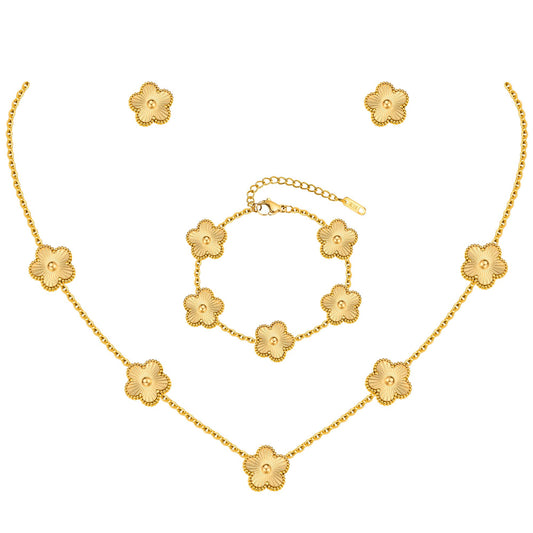 Gold Necklaces Bracelets Earring Set - 18K Gold Plated Flower Bracelet Chain,Stainless Steel Non Tarnish Floral Pendant Stud Jewelry Sets,Christmas Birthday Lucky Gift for Mom Wife Daughter Girlfriend