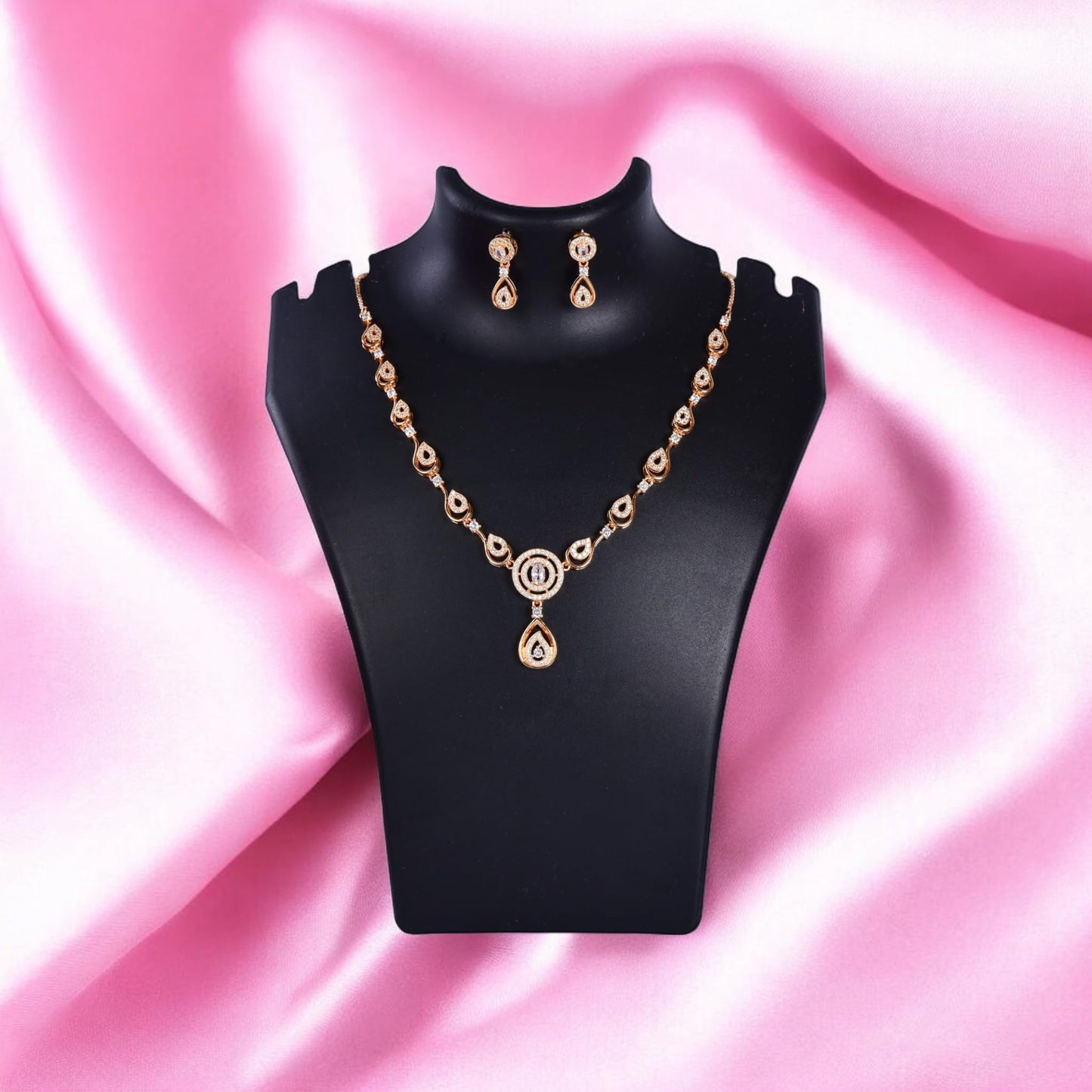 Nilu's Collection American Diamond Stone Studded | Rose Gold/Silver Plated | Anti Tarnish Jewellery Set for Women | Matching Earrings Perfect for Weddings and Special Occasions