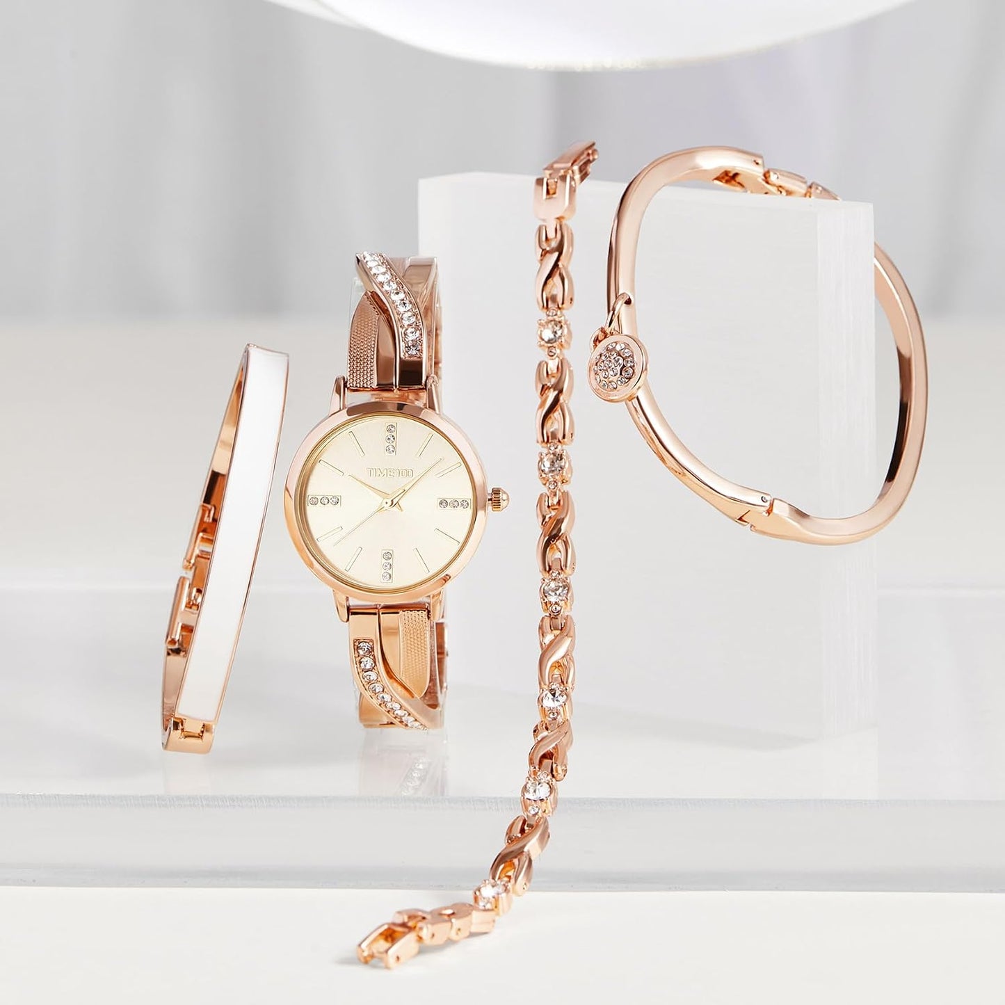 TIME100 Women's Bangle Watch and Gold Watch Chain Bracelets Premium Crystal Accented Bracelet Set W50888L