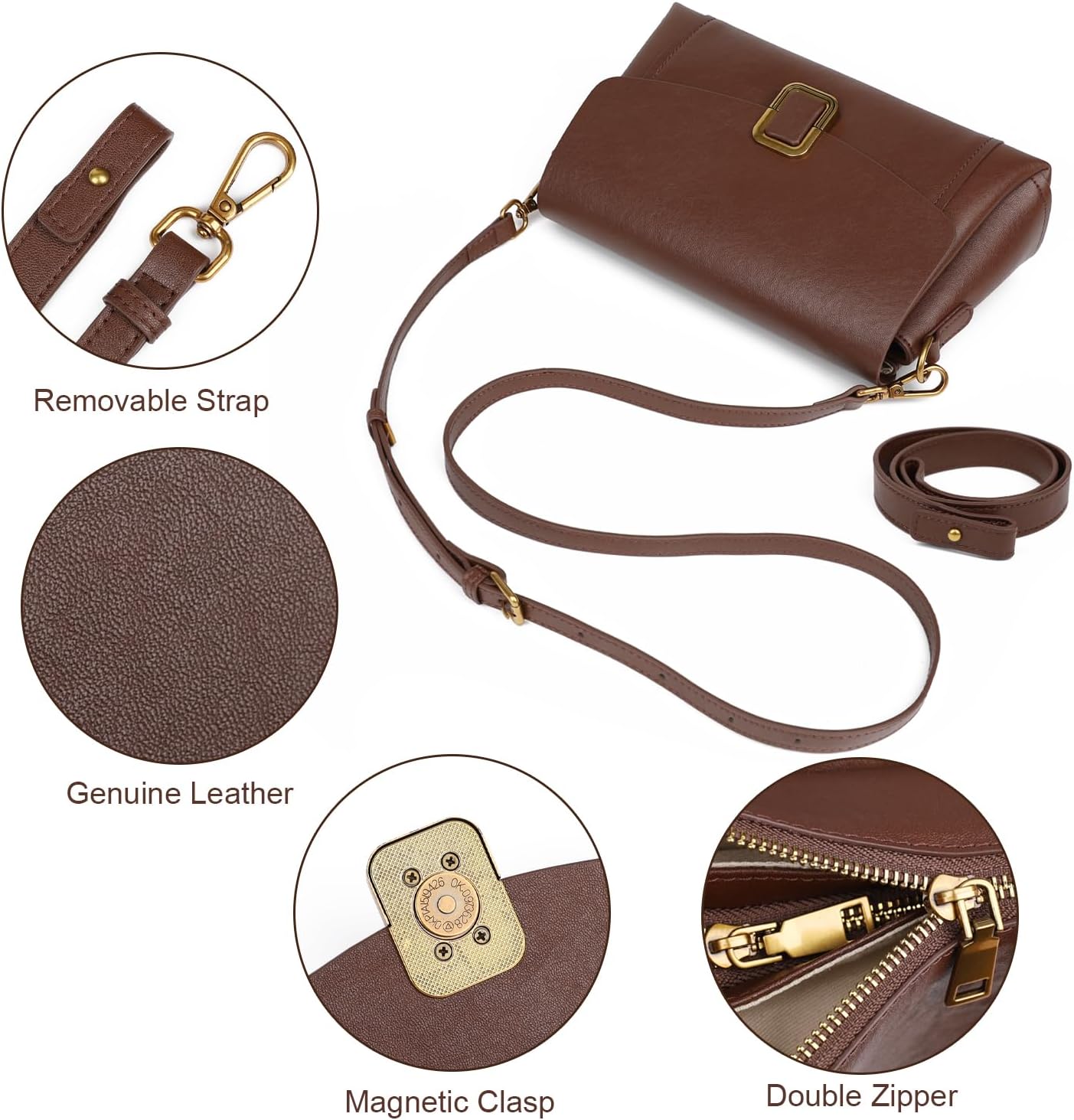 Genuine Leather Crossbody Bag for Women, Adjustable Shoulder Bag | Genuine Leather, 2 Detachable Straps, Satchel, Compact & Lightweight, Travel, Everyday, Work, Gift