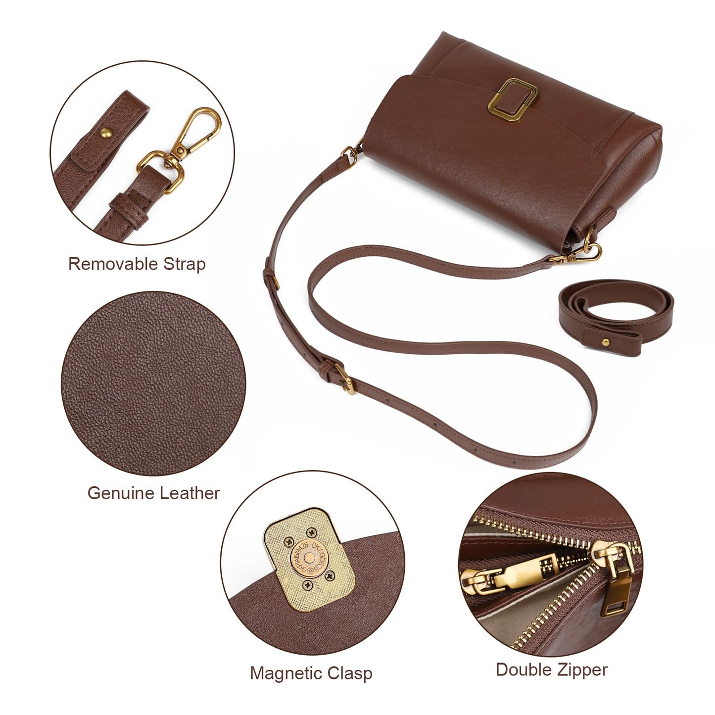 Genuine Leather Crossbody Bag for Women, Adjustable Shoulder Bag | Genuine Leather, 2 Detachable Straps, Satchel, Compact & Lightweight, Travel, Everyday, Work, Gift