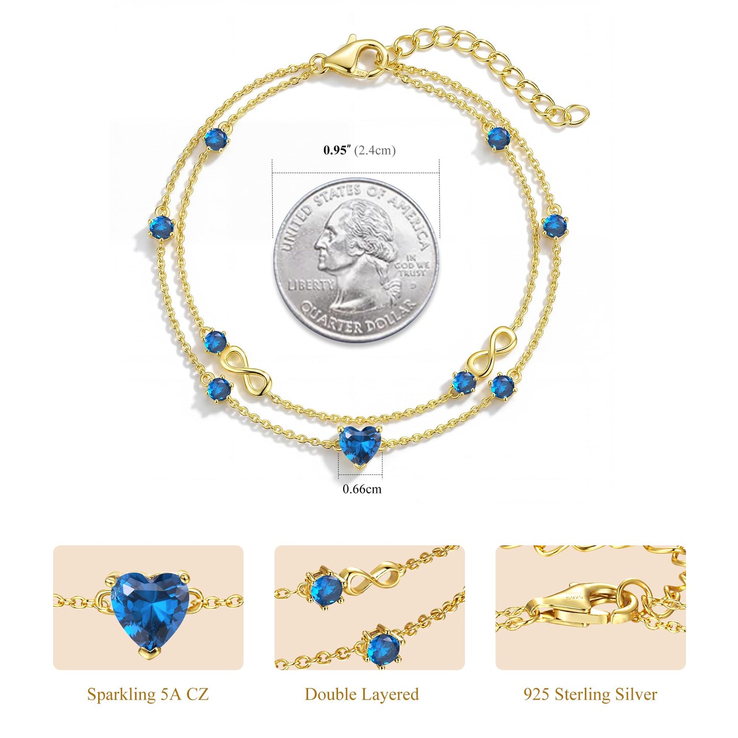 G&GEMSJEW Infinity Heart Birthstone Bracelets for Women, 925 Sterling Silver Women Charm Link Bracelet Adjustable, Birthday Anniversary Christmas Jewelry Gifts for Women Wife Mom Girlfriend Her