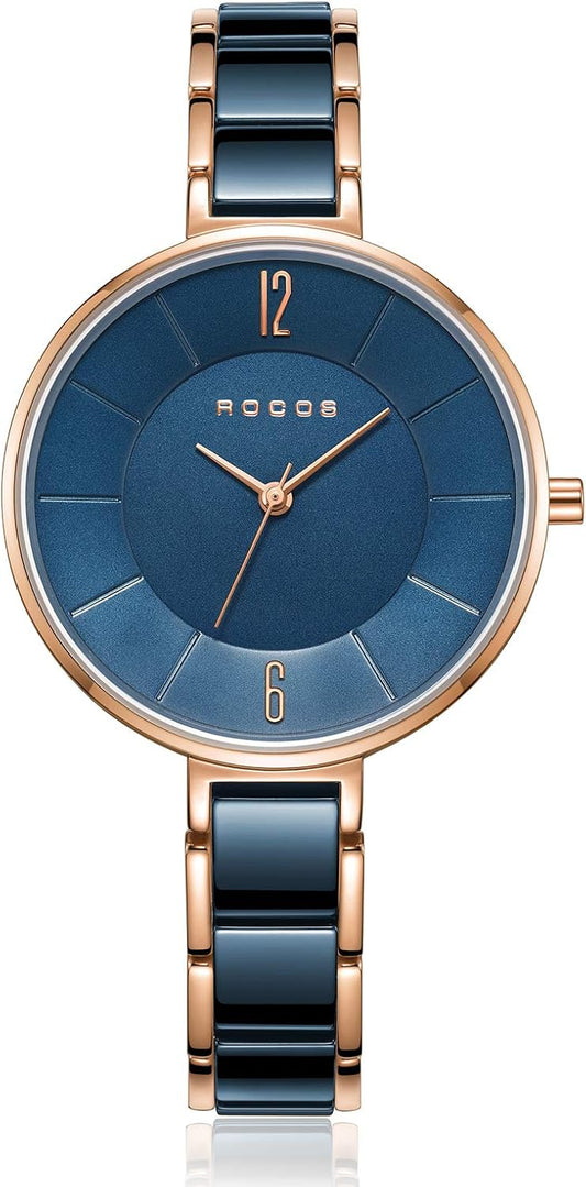 ROCOSJEWE Women’s Ceramic Quartz Analog Watch, Blue Dial with Rose Gold Accent, Ultra-Thin Design, Butterfly Clasp, 30M Waterproof Watches for Women