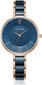 ROCOSJEWE Women’s Ceramic Quartz Analog Watch, Blue Dial with Rose Gold Accent, Ultra-Thin Design, Butterfly Clasp, 30M Waterproof Watches for Women