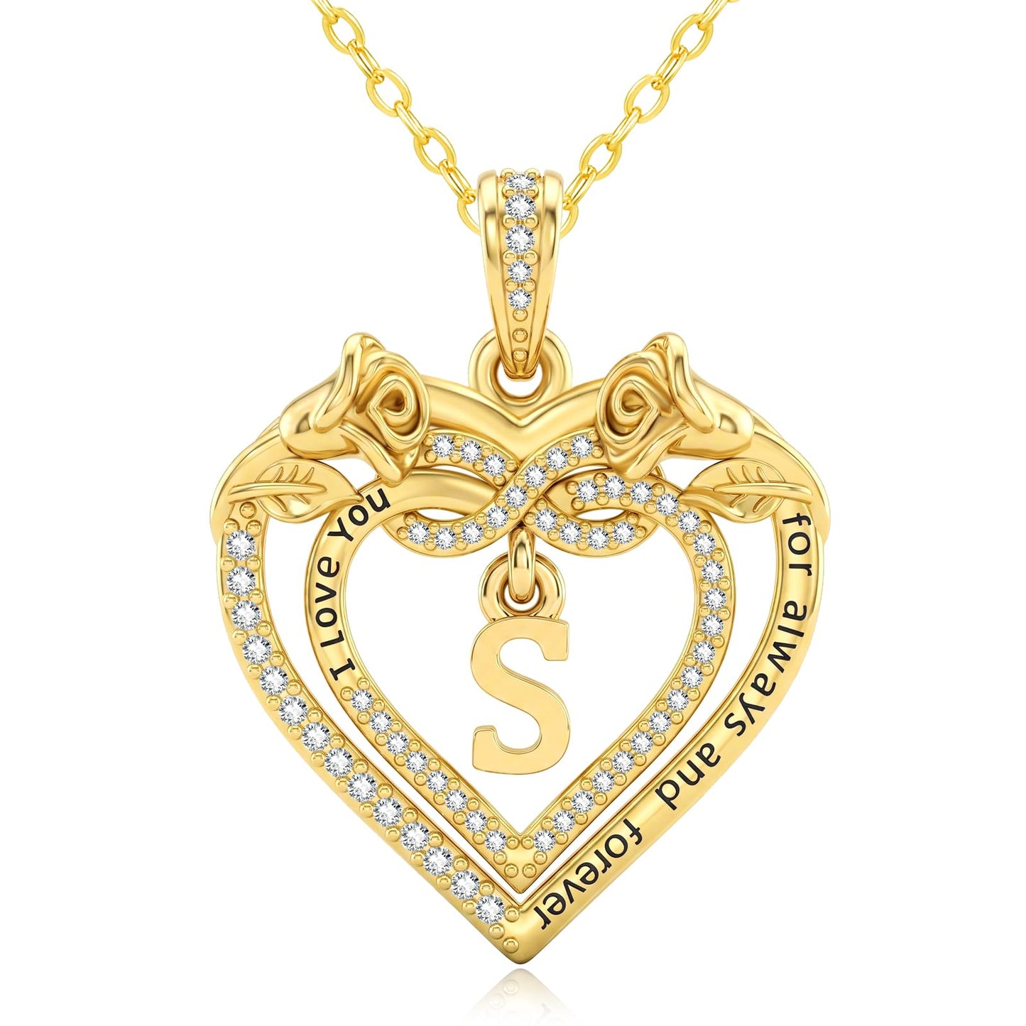 Uncle LOL Jewelry — 14K Gold Initial Letter Rose Heart Pendant Necklace for Women, Anniversary Birthday Jewelry Gifts for Wife Mom Grandma Sister Daughter, I Love You for Always And Forever