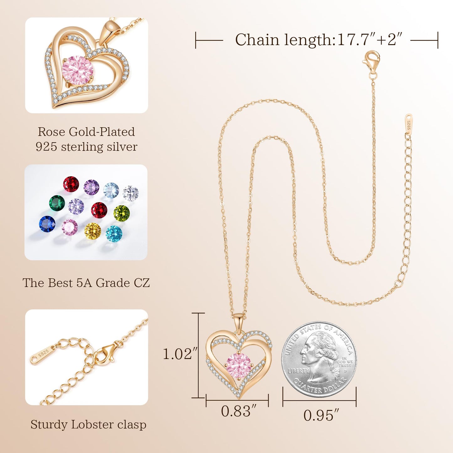 LOUISA SECRET Double Love Heart Birthstone Necklaces for Women, Birthday Gift for Girlfriend, Anniversary Jewelry Gift for Her, 925 Sterling Silver Jewelry Christmas Anniversary Birthday Present Gifts for Wife Girlfriend Mom Grandma Daughter