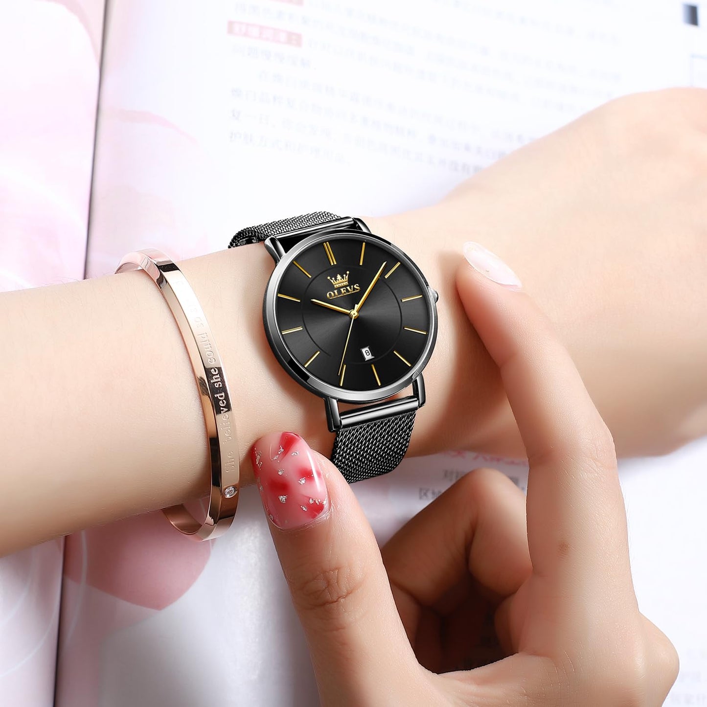 OLEVS Women's Watch Luxury Dress Rose Gold Women Slim Thin Lightweight Watch Stainless Steel Mesh Watches Fashion Waterproof Ladies Wrist Watch Black White Blue Face,Adjustable Bracelet