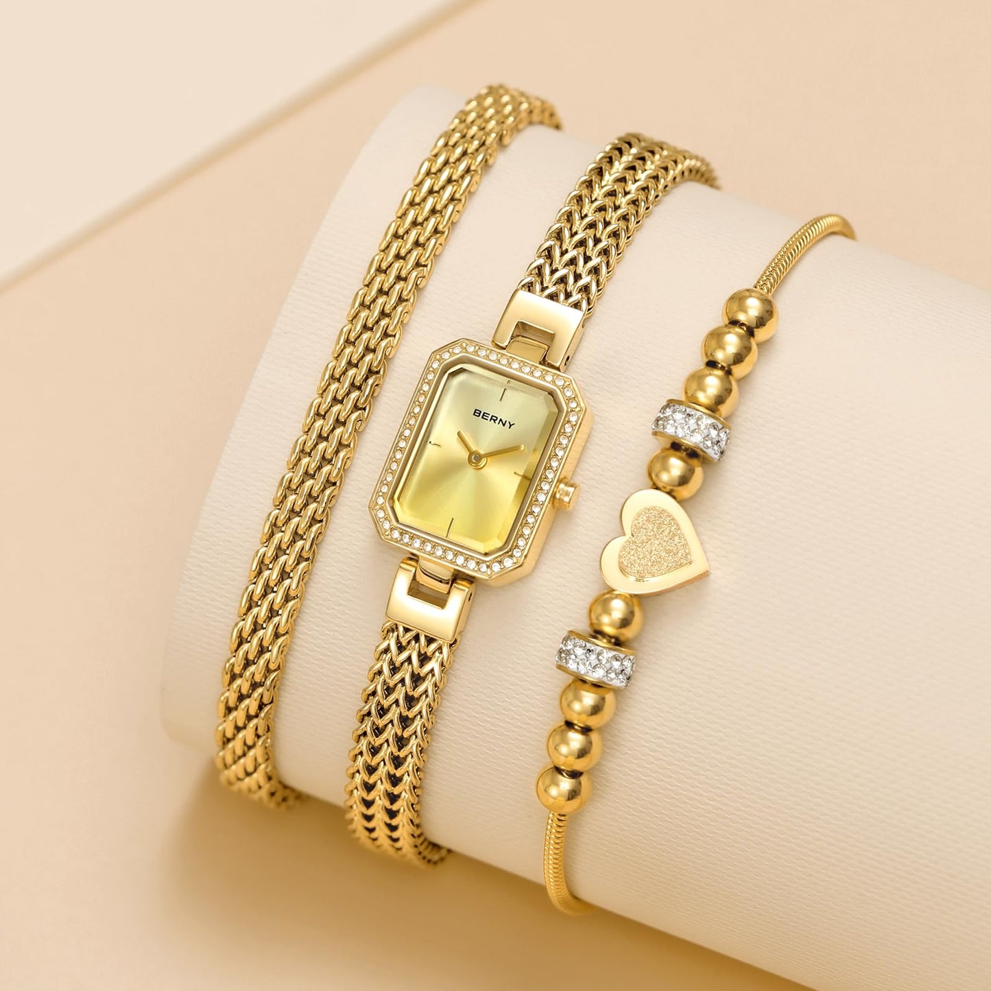 BERNY Silver Watches for Women Ladies Wrist Watch and Bracelet Set Dainty Quartz Bracelet Watch Premium Crystal Accented Fashion Luxury Birthday Present for Women
