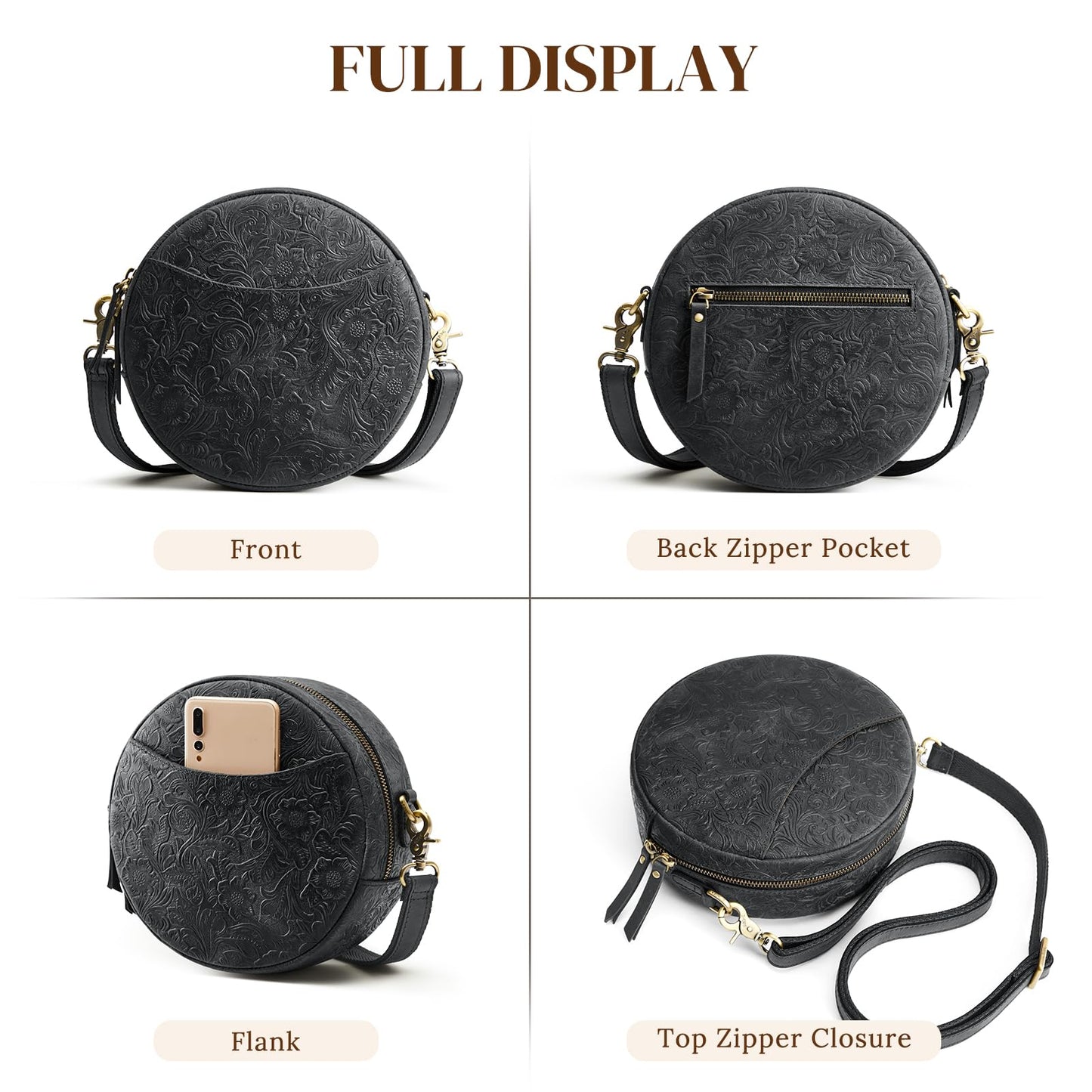 S-ZONE Leather Crossbody Bags for Women Circle Shoulder Round Purse Travel | Top Grain Leather, Keychain, Designer Handbag, Vintage, Multi Pockets, Detachable Strap, Eveyday Outing