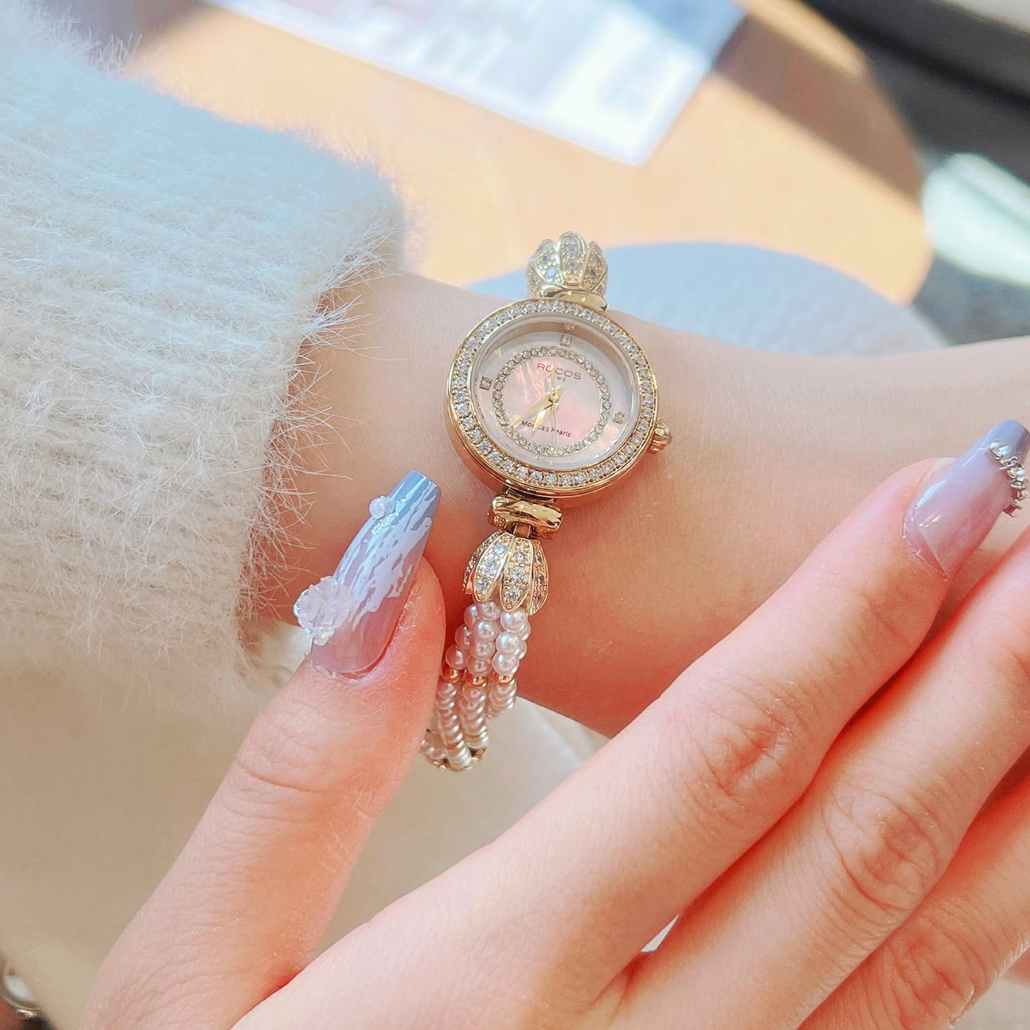 ROCOSJEWE R0262 Bracelet Watches for Women,Fashion Gold Dress Watch,Women's Pearl Bracelet Watch,Dazzling/Pink Dial,Adjustable Stainless Strap,Waterproof,Gift for Women