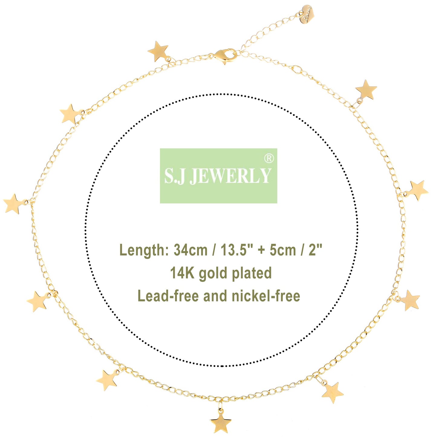 S.J JEWELRY Women Simple Delicate Full Moon 14K Gold Plated/Rose Gold/Silver Plated Layered Pendant Handmade Star Chokers Necklaces