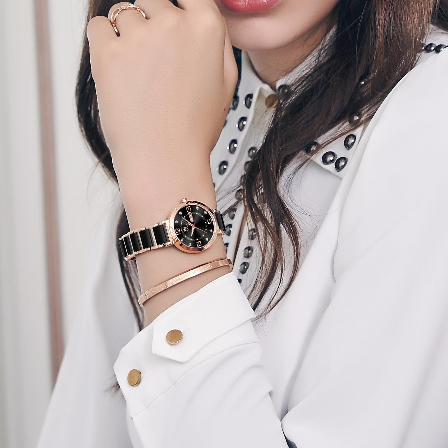 OLEVS Women's Watch Ceramic Band Waterproof Dress Watch Analog Quartz Watches Elegant Luxury Comfortable Wrist Watches with Date Day & Diamond White/Pink/Black Dial Gift for Her Reloj para Mujer