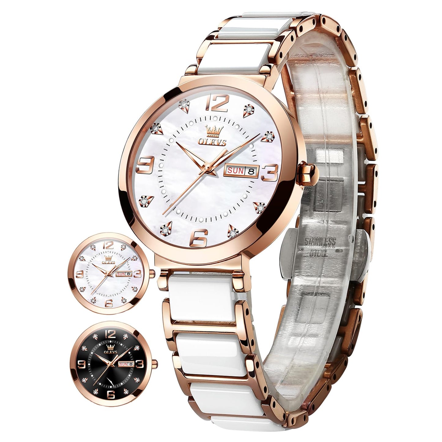 OLEVS Women's Watch Ceramic Band Waterproof Dress Watch Analog Quartz Watches Elegant Luxury Comfortable Wrist Watches with Date Day & Diamond White/Pink/Black Dial Gift for Her Reloj para Mujer